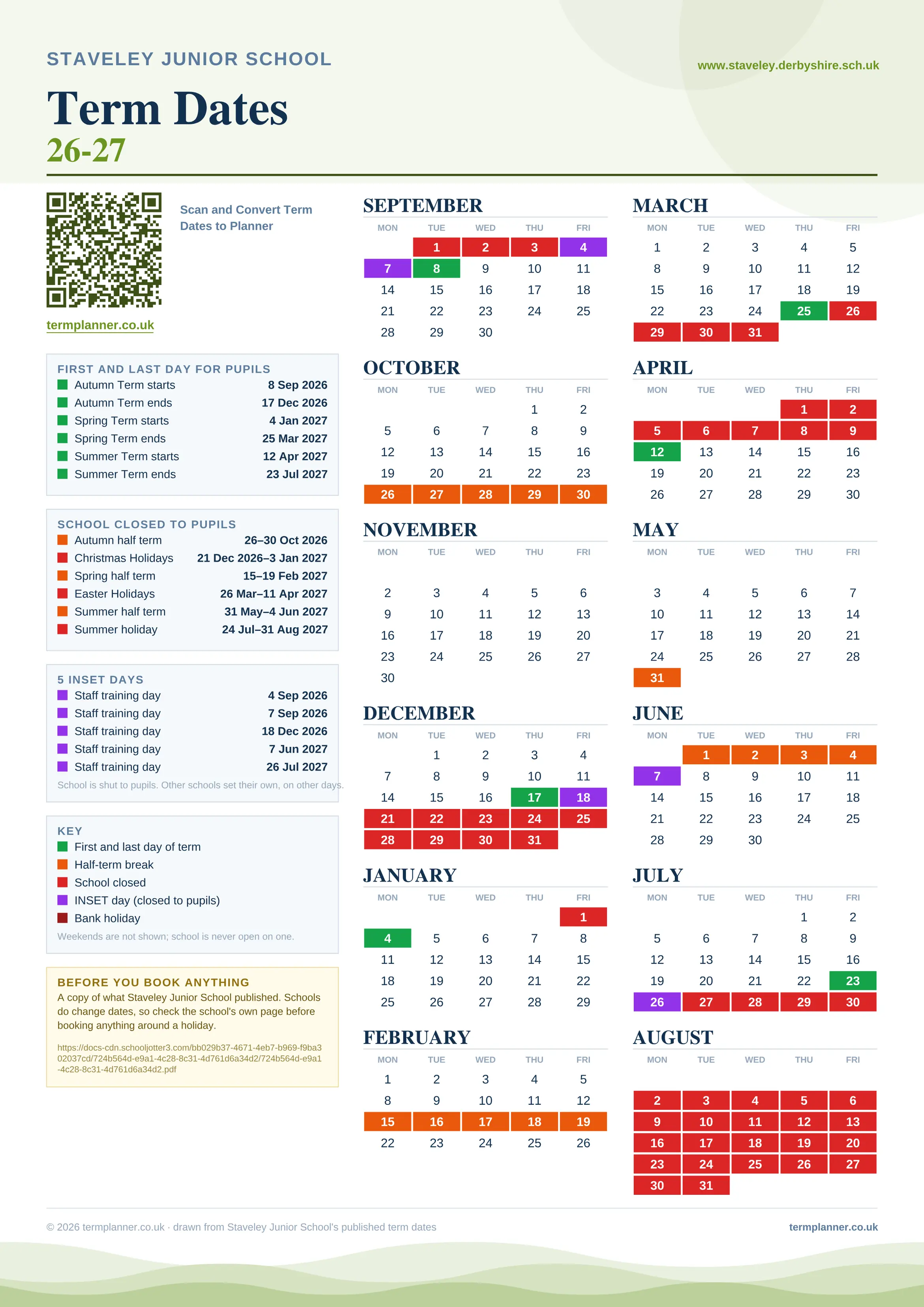 Staveley Junior School’s 2026/27 school year drawn as one sheet: twelve month grids from September to August, Monday to Friday, with autumn term 8 September to 17 December 2026, spring term 4 January to 25 March 2027, summer term 12 April to 23 July 2027. Half terms, holidays and bank holidays are filled in colour, the first and last day of each term is marked, 5 INSET days are picked out, and every date is listed again in words down the left.