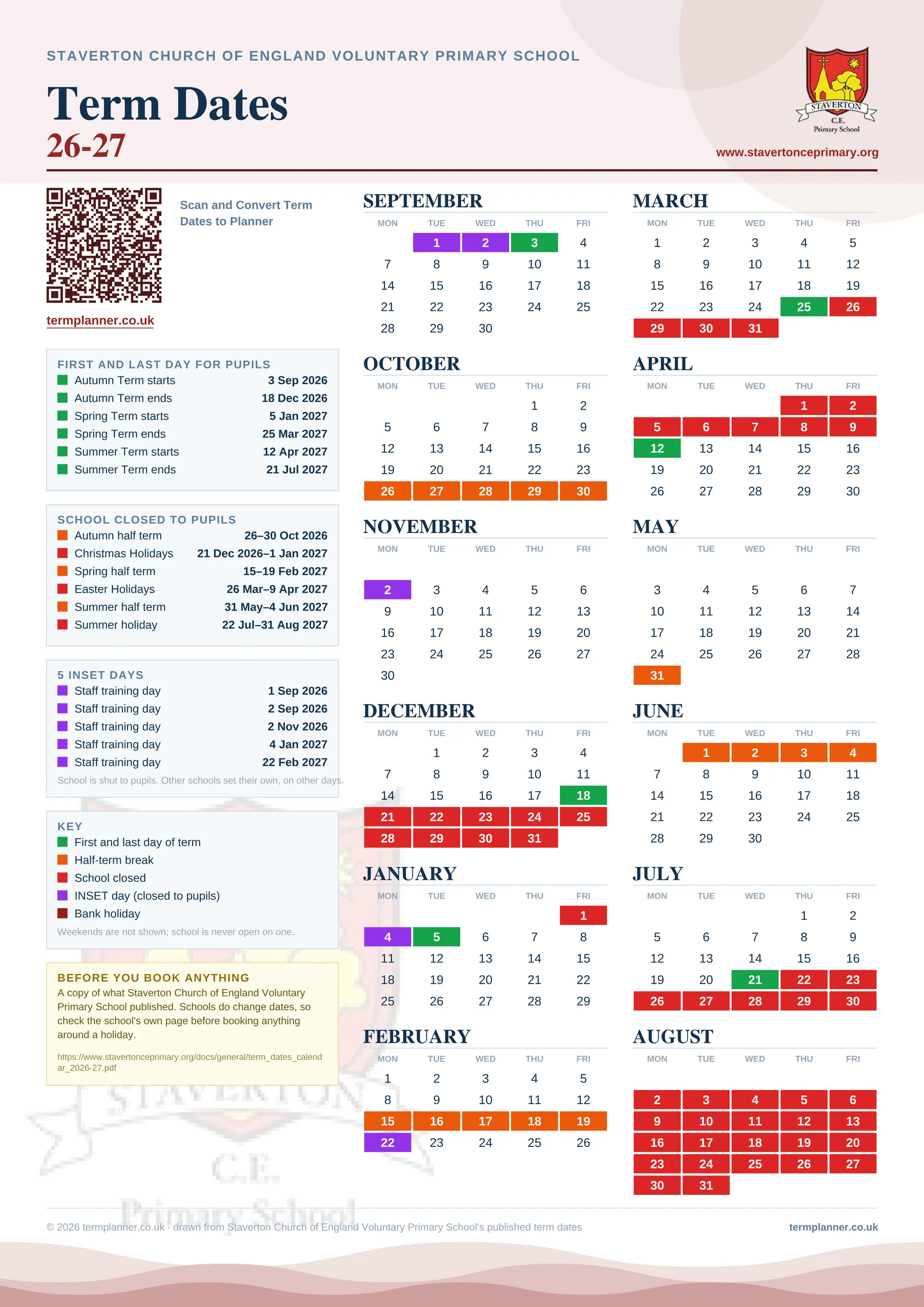 Staverton Church of England Voluntary Primary School’s 2026/27 school year drawn as one sheet: twelve month grids from September to August, Monday to Friday, with autumn term 3 September to 18 December 2026, spring term 5 January to 25 March 2027, summer term 12 April to 21 July 2027. Half terms, holidays and bank holidays are filled in colour, the first and last day of each term is marked, 5 INSET days are picked out, and every date is listed again in words down the left.