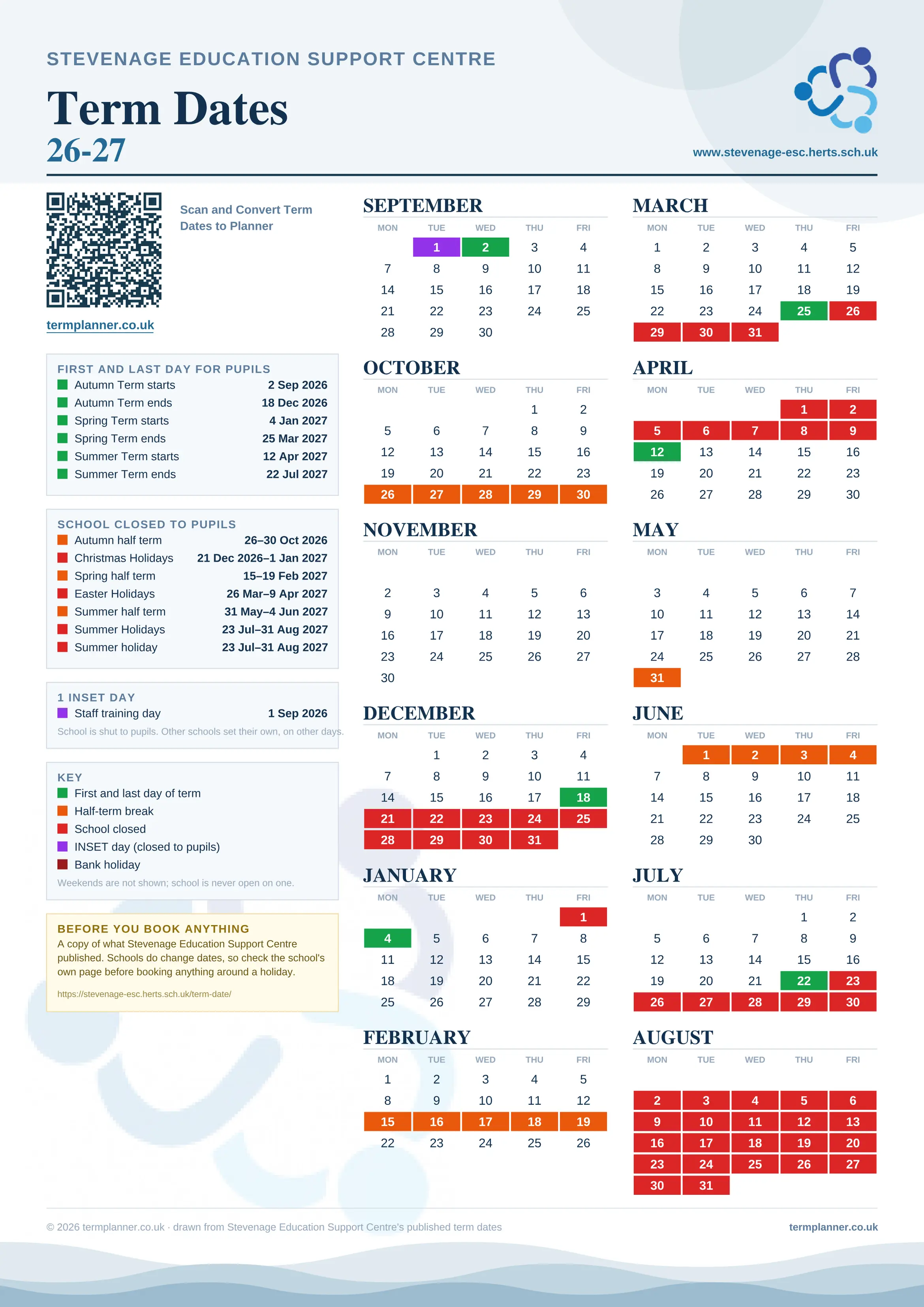 Stevenage Education Support Centre’s 2026/27 school year drawn as one sheet: twelve month grids from September to August, Monday to Friday, with autumn term 2 September to 18 December 2026, spring term 4 January to 25 March 2027, summer term 12 April to 22 July 2027. Half terms, holidays and bank holidays are filled in colour, the first and last day of each term is marked, 1 INSET day is picked out, and every date is listed again in words down the left.
