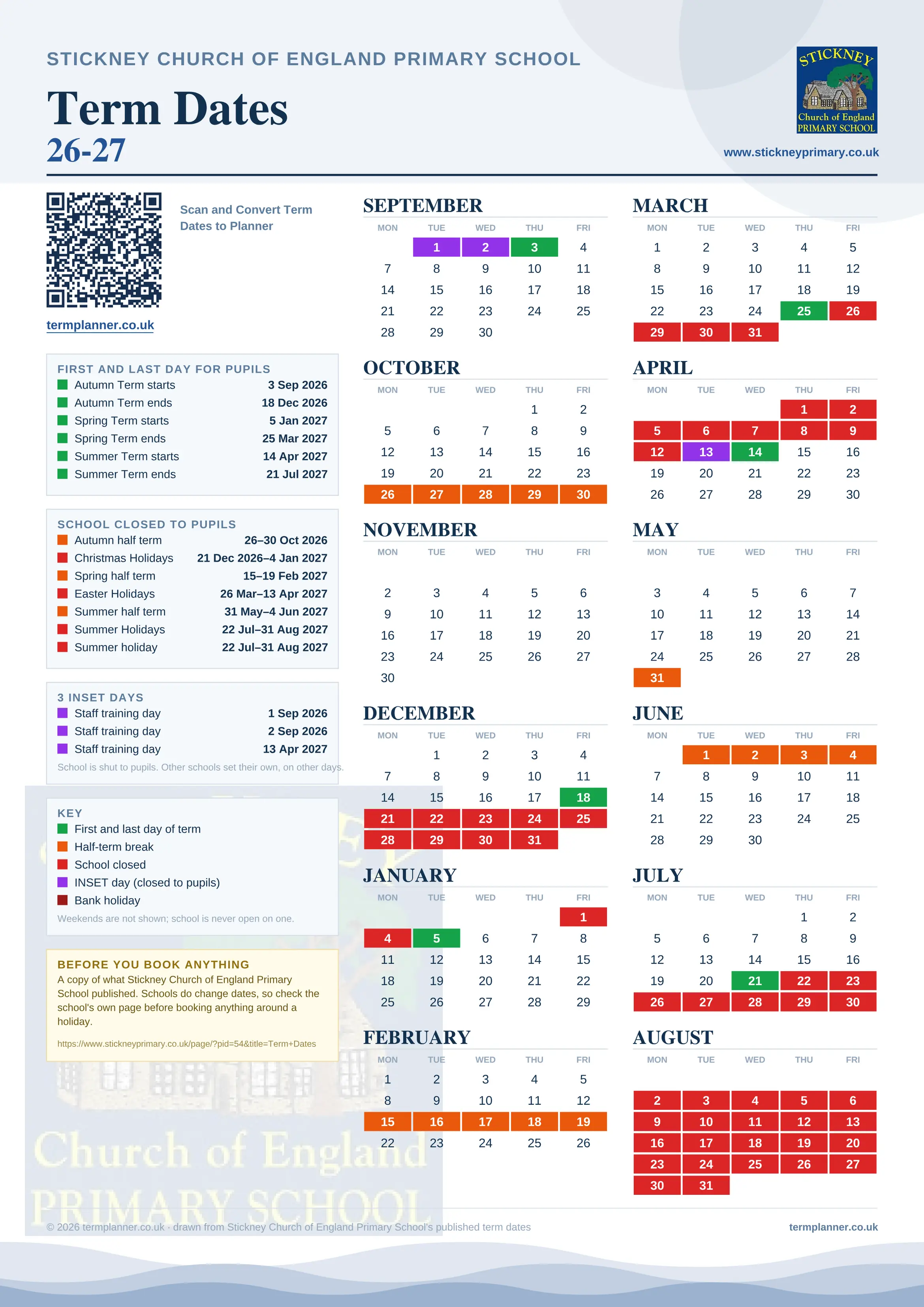 Stickney Church of England Primary School’s 2026/27 school year drawn as one sheet: twelve month grids from September to August, Monday to Friday, with autumn term 3 September to 18 December 2026, spring term 5 January to 25 March 2027, summer term 14 April to 21 July 2027. Half terms, holidays and bank holidays are filled in colour, the first and last day of each term is marked, 3 INSET days are picked out, and every date is listed again in words down the left.