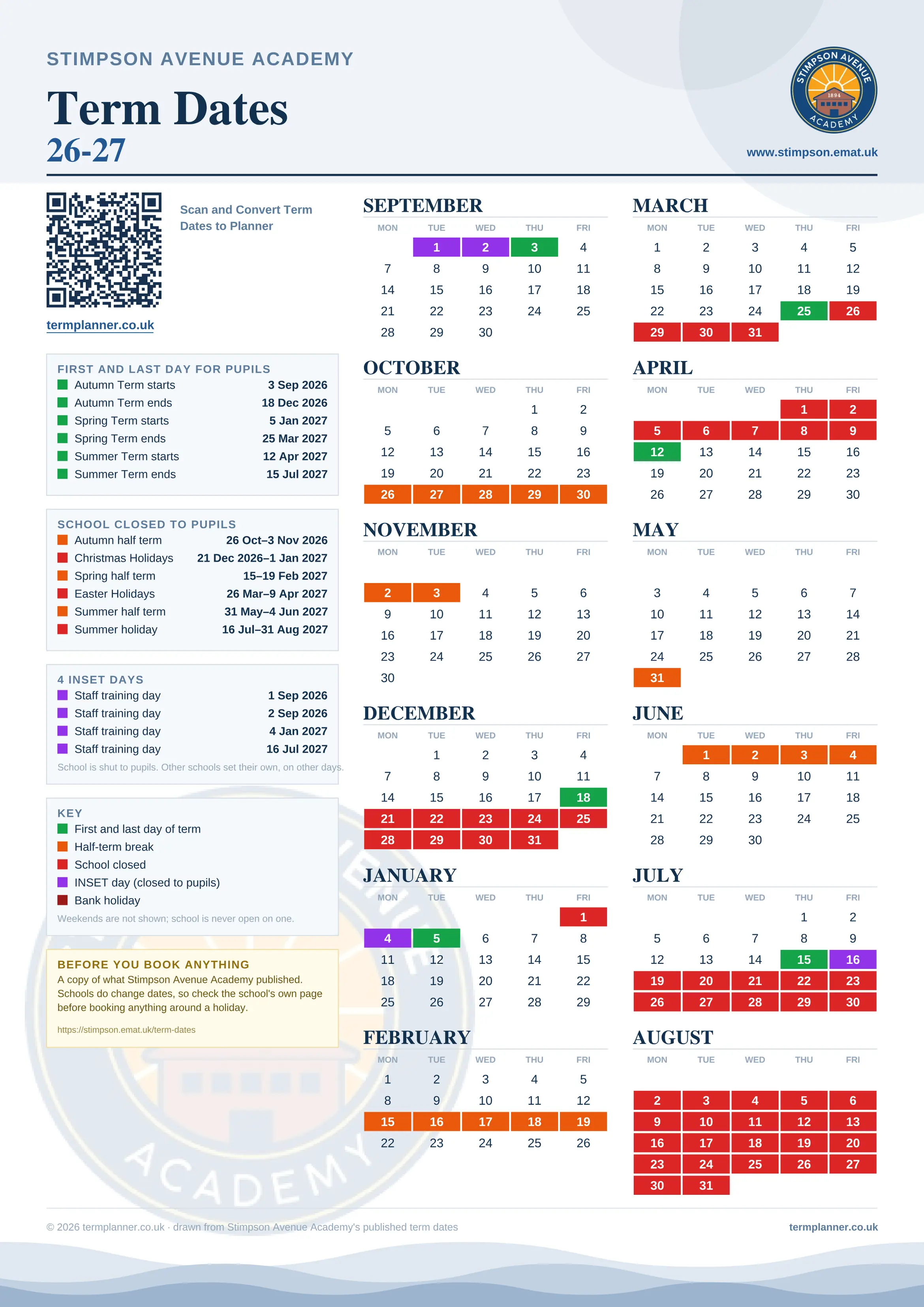 Stimpson Avenue Academy’s 2026/27 school year drawn as one sheet: twelve month grids from September to August, Monday to Friday, with autumn term 3 September to 18 December 2026, spring term 5 January to 25 March 2027, summer term 12 April to 15 July 2027. Half terms, holidays and bank holidays are filled in colour, the first and last day of each term is marked, 4 INSET days are picked out, and every date is listed again in words down the left.