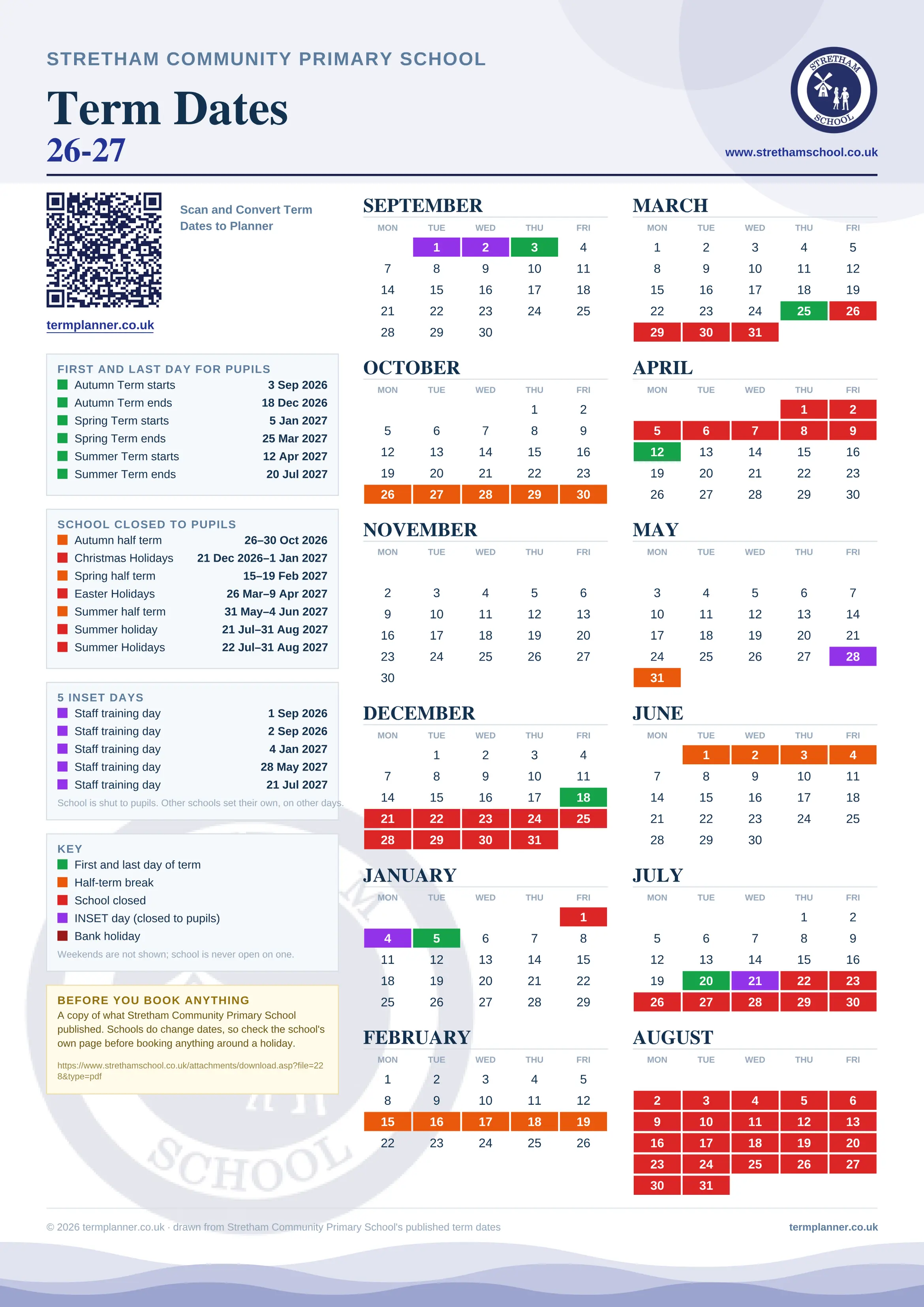 Stretham Community Primary School’s 2026/27 school year drawn as one sheet: twelve month grids from September to August, Monday to Friday, with autumn term 3 September to 18 December 2026, spring term 5 January to 25 March 2027, summer term 12 April to 20 July 2027. Half terms, holidays and bank holidays are filled in colour, the first and last day of each term is marked, 5 INSET days are picked out, and every date is listed again in words down the left.