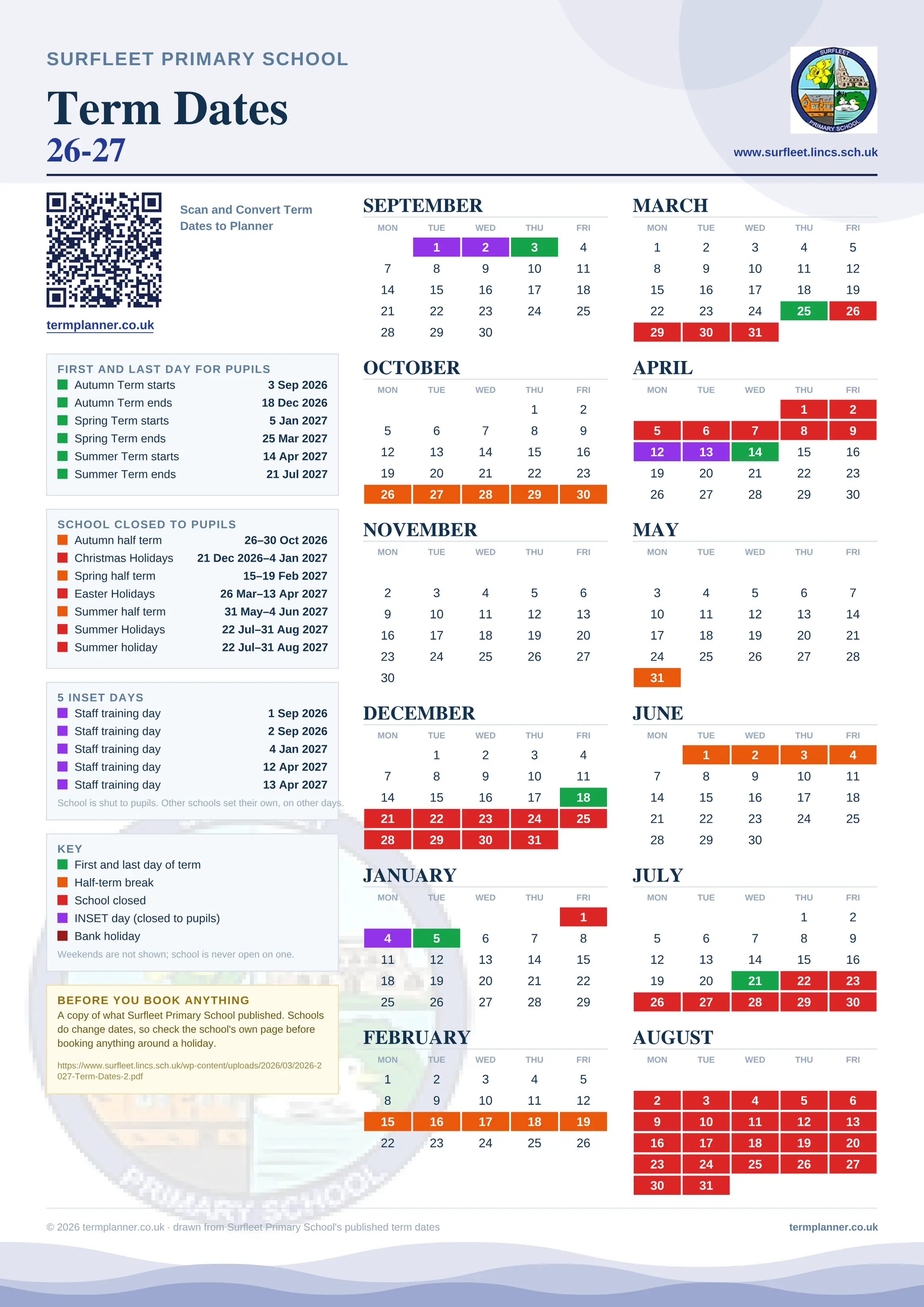 Surfleet Primary School’s 2026/27 school year drawn as one sheet: twelve month grids from September to August, Monday to Friday, with autumn term 3 September to 18 December 2026, spring term 5 January to 25 March 2027, summer term 14 April to 21 July 2027. Half terms, holidays and bank holidays are filled in colour, the first and last day of each term is marked, 5 INSET days are picked out, and every date is listed again in words down the left.
