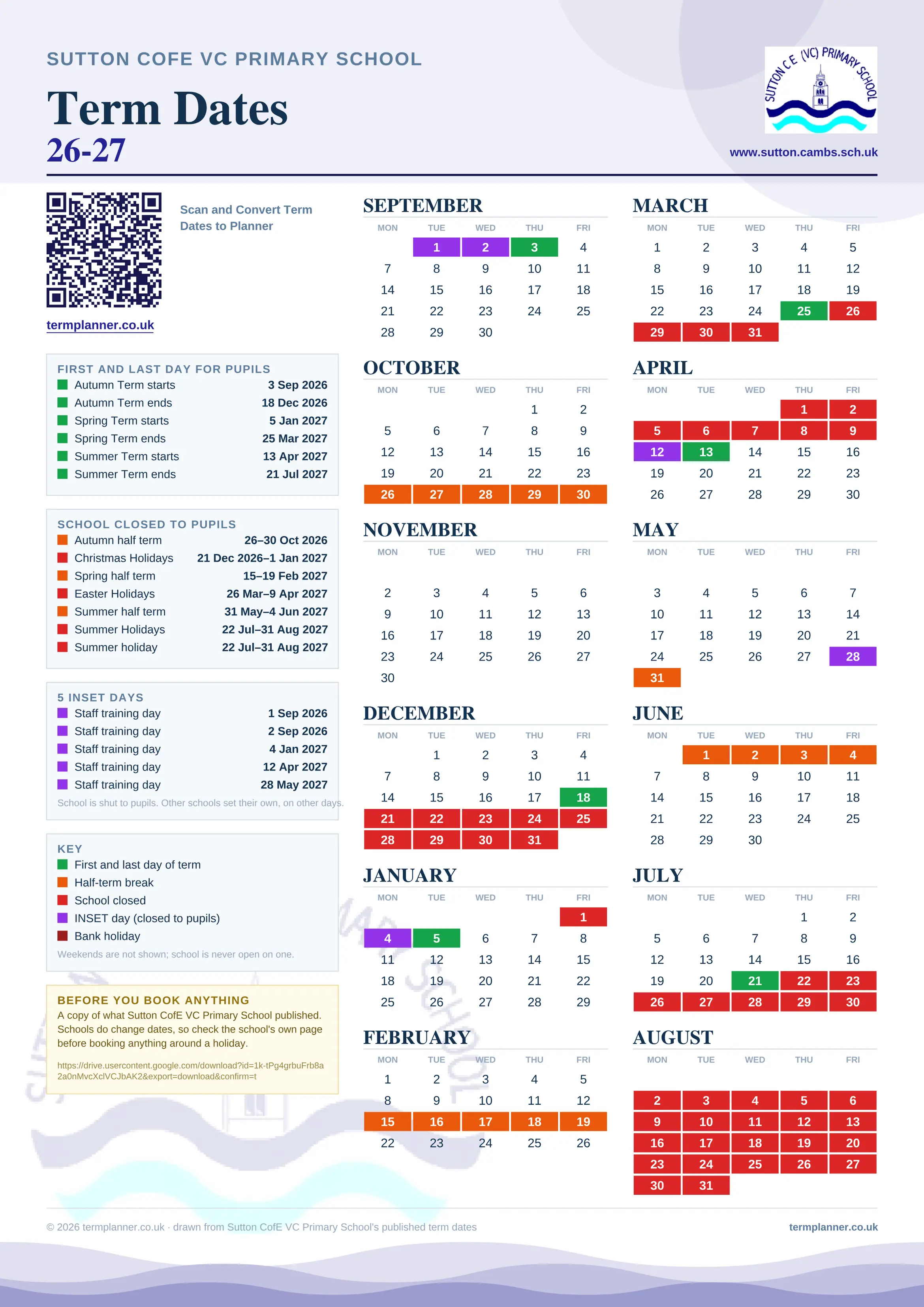 Sutton CofE VC Primary School’s 2026/27 school year drawn as one sheet: twelve month grids from September to August, Monday to Friday, with autumn term 3 September to 18 December 2026, spring term 5 January to 25 March 2027, summer term 13 April to 21 July 2027. Half terms, holidays and bank holidays are filled in colour, the first and last day of each term is marked, 5 INSET days are picked out, and every date is listed again in words down the left.