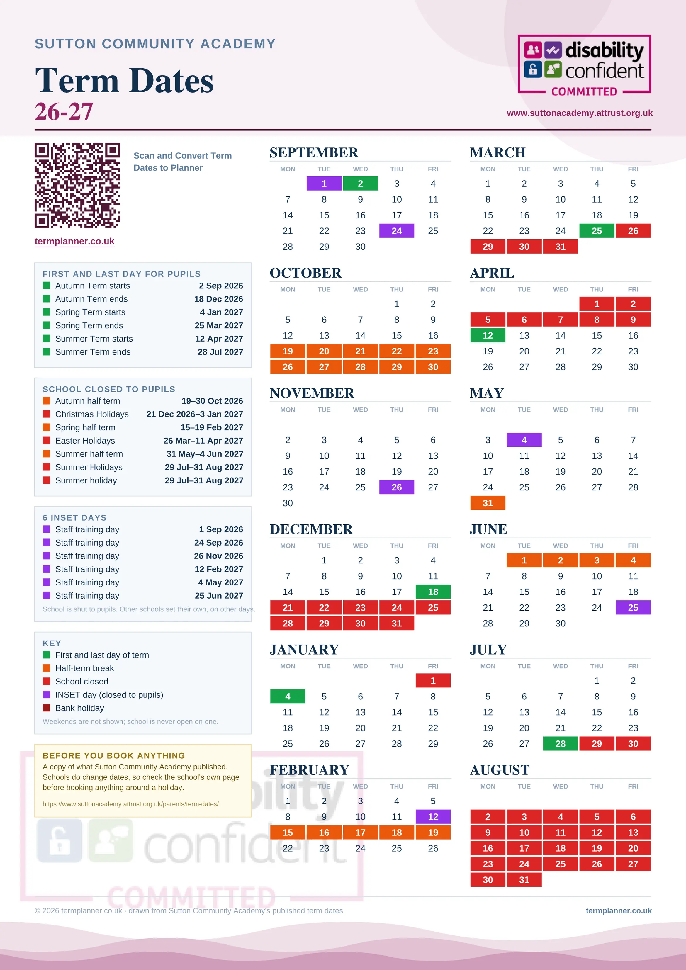 Sutton Community Academy’s 2026/27 school year drawn as one sheet: twelve month grids from September to August, Monday to Friday, with autumn term 2 September to 18 December 2026, spring term 4 January to 25 March 2027, summer term 12 April to 28 July 2027. Half terms, holidays and bank holidays are filled in colour, the first and last day of each term is marked, 6 INSET days are picked out, and every date is listed again in words down the left.