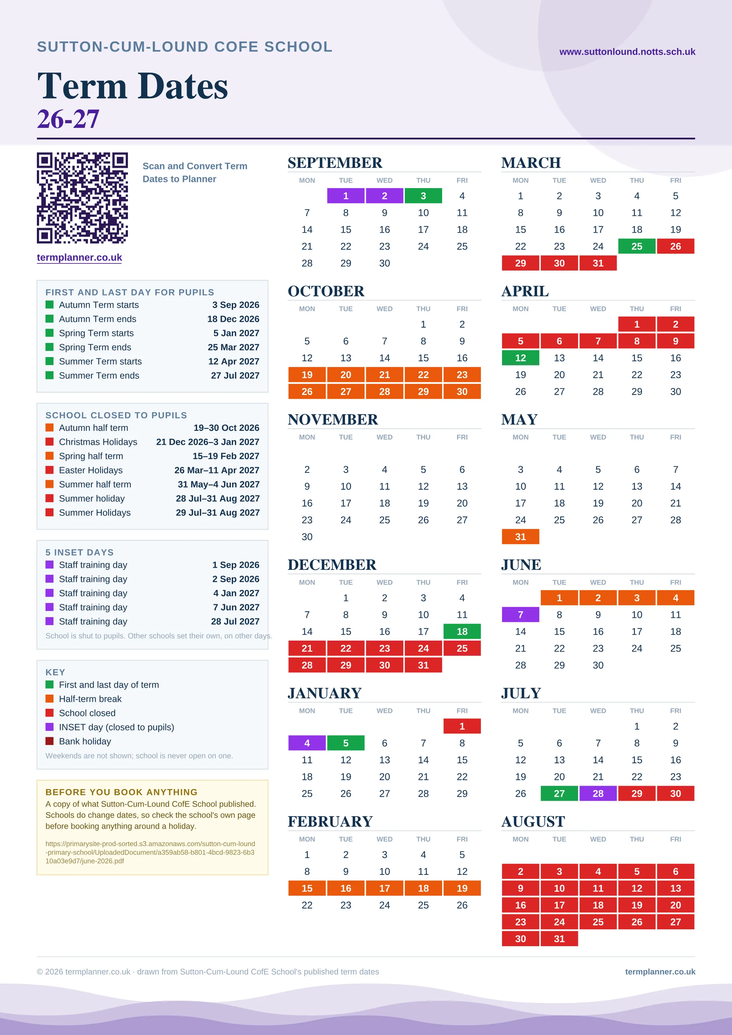 Sutton-Cum-Lound CofE School’s 2026/27 school year drawn as one sheet: twelve month grids from September to August, Monday to Friday, with autumn term 3 September to 18 December 2026, spring term 5 January to 25 March 2027, summer term 12 April to 27 July 2027. Half terms, holidays and bank holidays are filled in colour, the first and last day of each term is marked, 5 INSET days are picked out, and every date is listed again in words down the left.