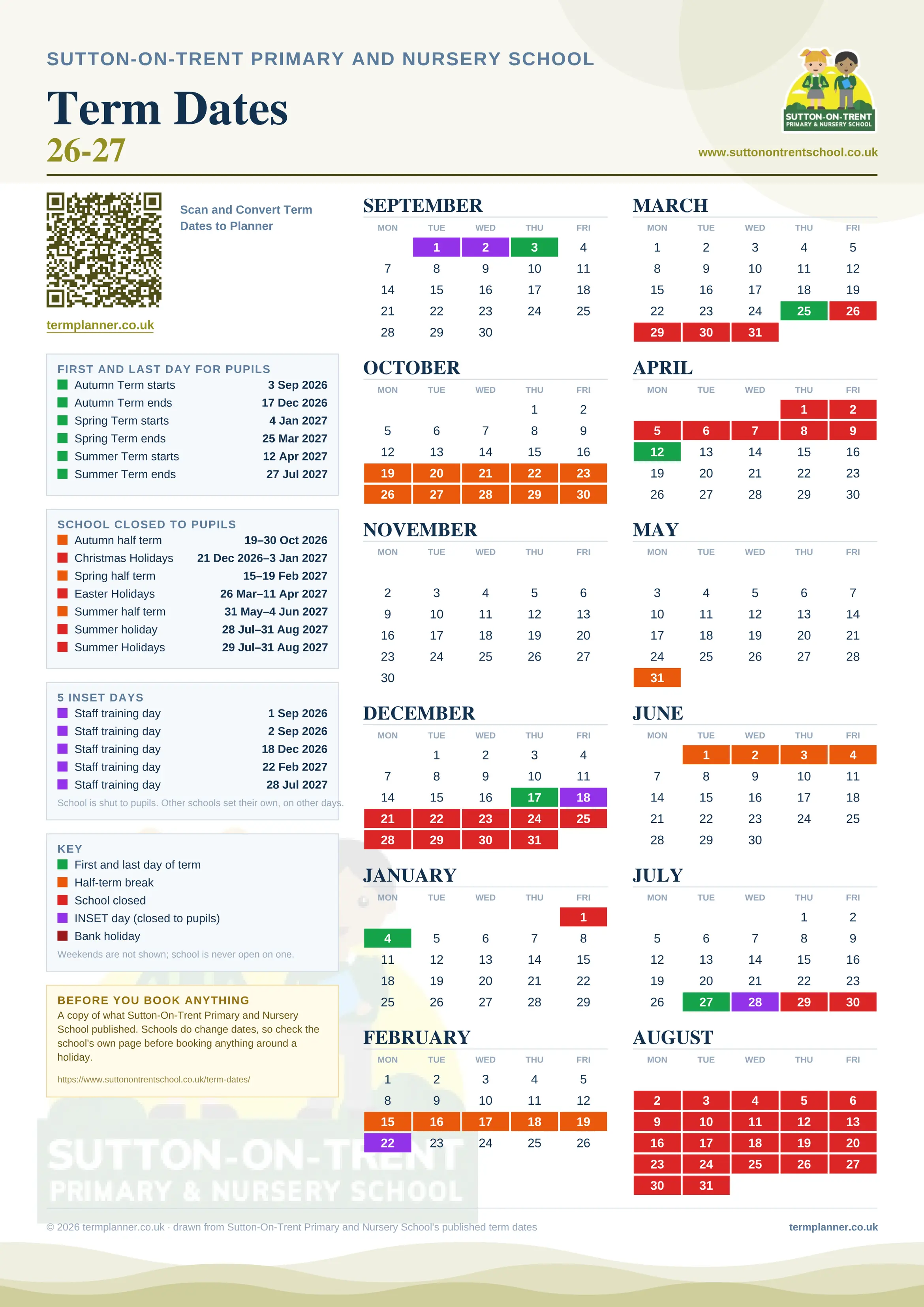 Sutton-On-Trent Primary and Nursery School’s 2026/27 school year drawn as one sheet: twelve month grids from September to August, Monday to Friday, with autumn term 3 September to 17 December 2026, spring term 4 January to 25 March 2027, summer term 12 April to 27 July 2027. Half terms, holidays and bank holidays are filled in colour, the first and last day of each term is marked, 5 INSET days are picked out, and every date is listed again in words down the left.