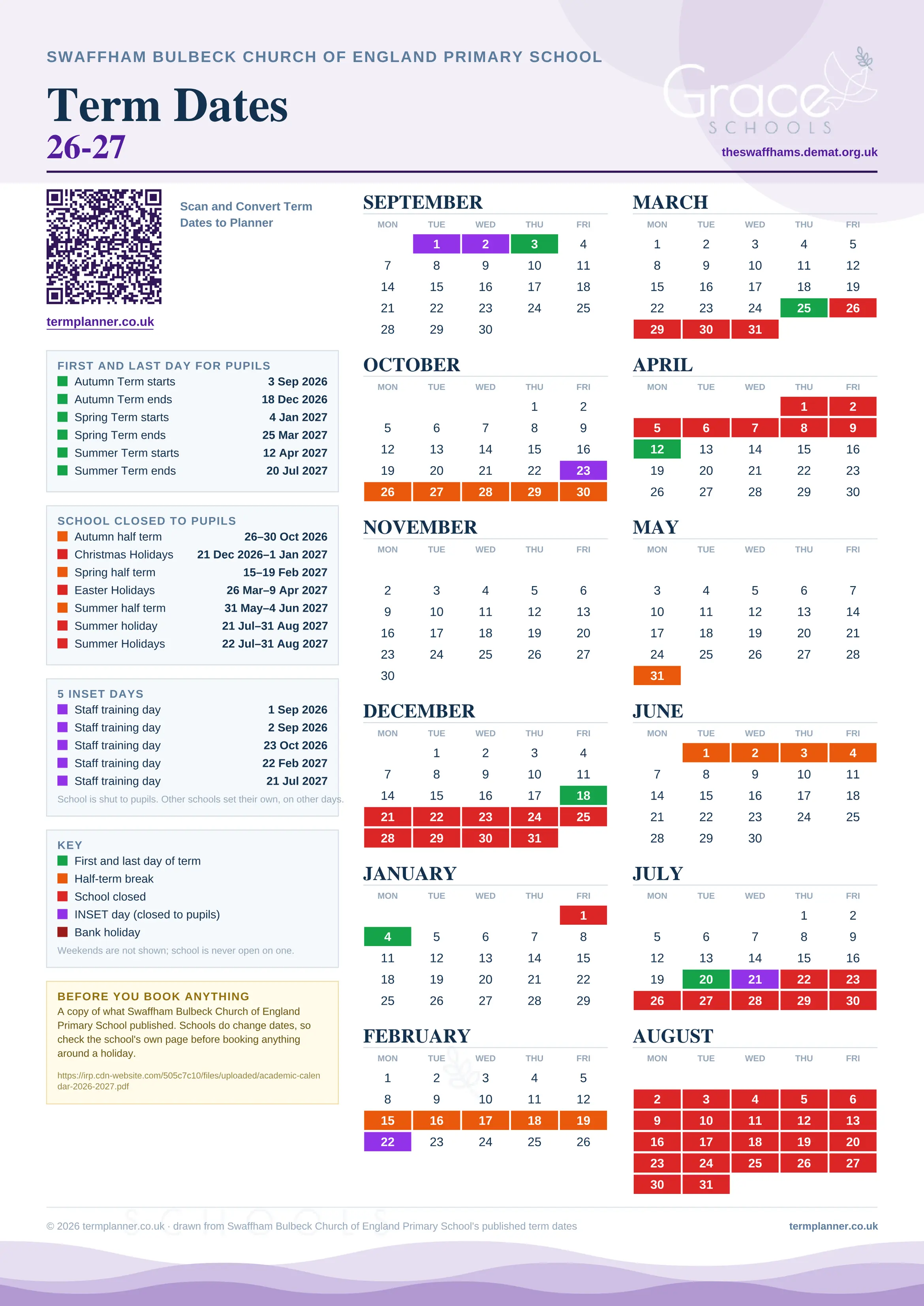 Swaffham Bulbeck Church of England Primary School’s 2026/27 school year drawn as one sheet: twelve month grids from September to August, Monday to Friday, with autumn term 3 September to 18 December 2026, spring term 4 January to 25 March 2027, summer term 12 April to 20 July 2027. Half terms, holidays and bank holidays are filled in colour, the first and last day of each term is marked, 5 INSET days are picked out, and every date is listed again in words down the left.