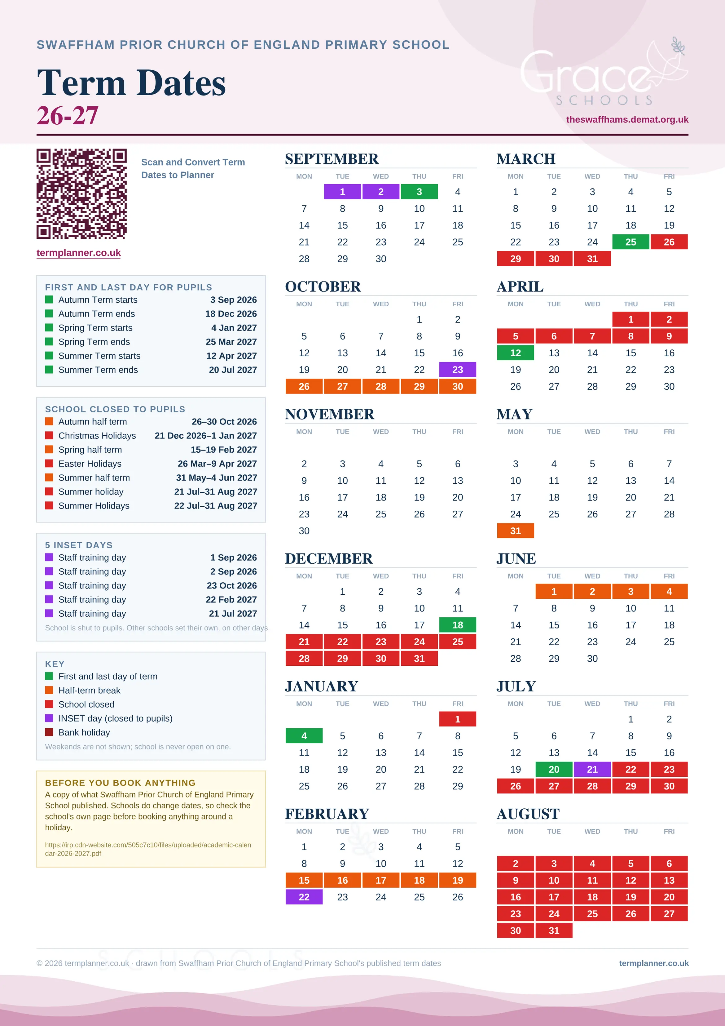 Swaffham Prior Church of England Primary School’s 2026/27 school year drawn as one sheet: twelve month grids from September to August, Monday to Friday, with autumn term 3 September to 18 December 2026, spring term 4 January to 25 March 2027, summer term 12 April to 20 July 2027. Half terms, holidays and bank holidays are filled in colour, the first and last day of each term is marked, 5 INSET days are picked out, and every date is listed again in words down the left.