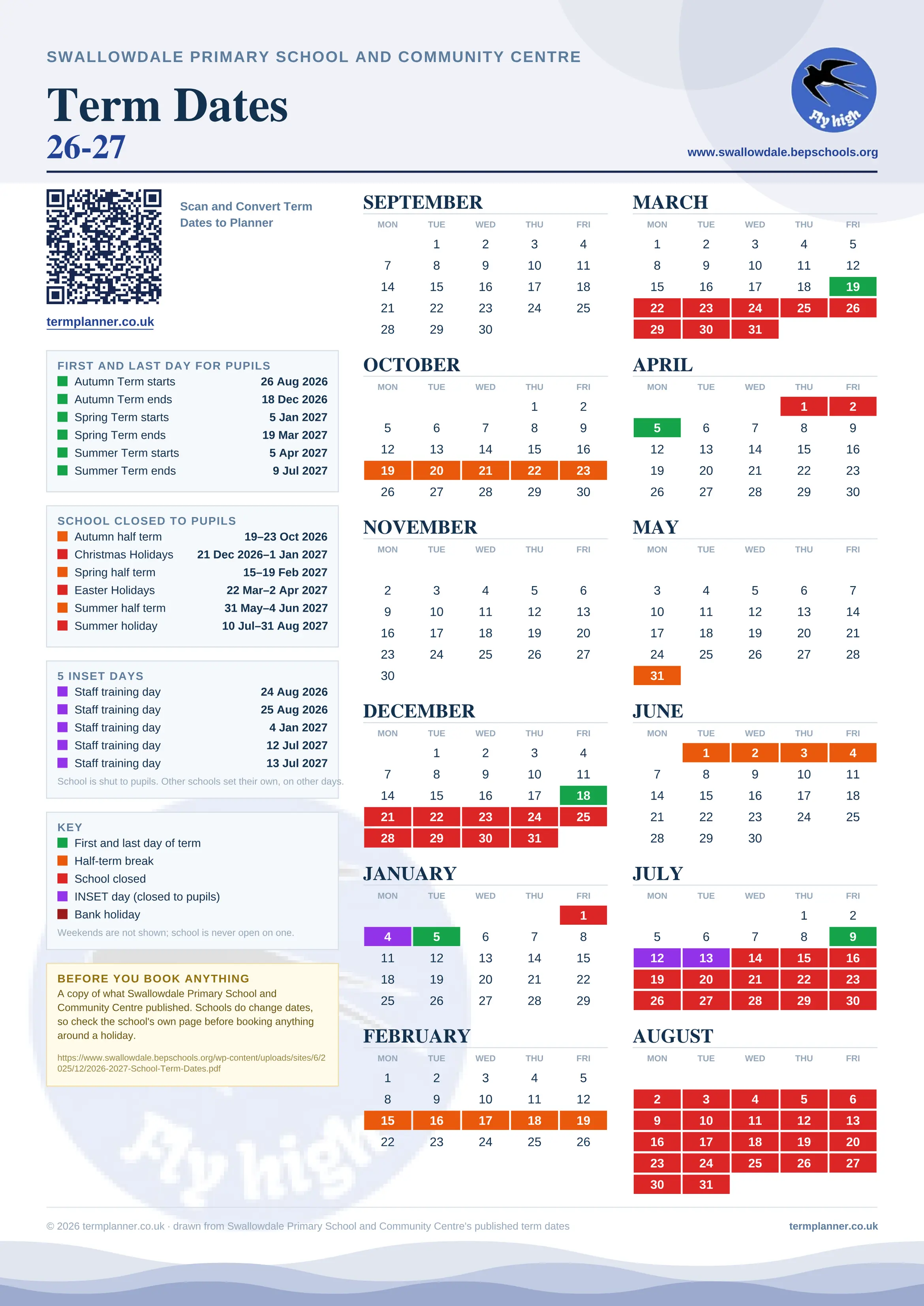 Swallowdale Primary School and Community Centre’s 2026/27 school year drawn as one sheet: twelve month grids from September to August, Monday to Friday, with autumn term 26 August to 18 December 2026, spring term 5 January to 19 March 2027, summer term 5 April to 9 July 2027. Half terms, holidays and bank holidays are filled in colour, the first and last day of each term is marked, 5 INSET days are picked out, and every date is listed again in words down the left.