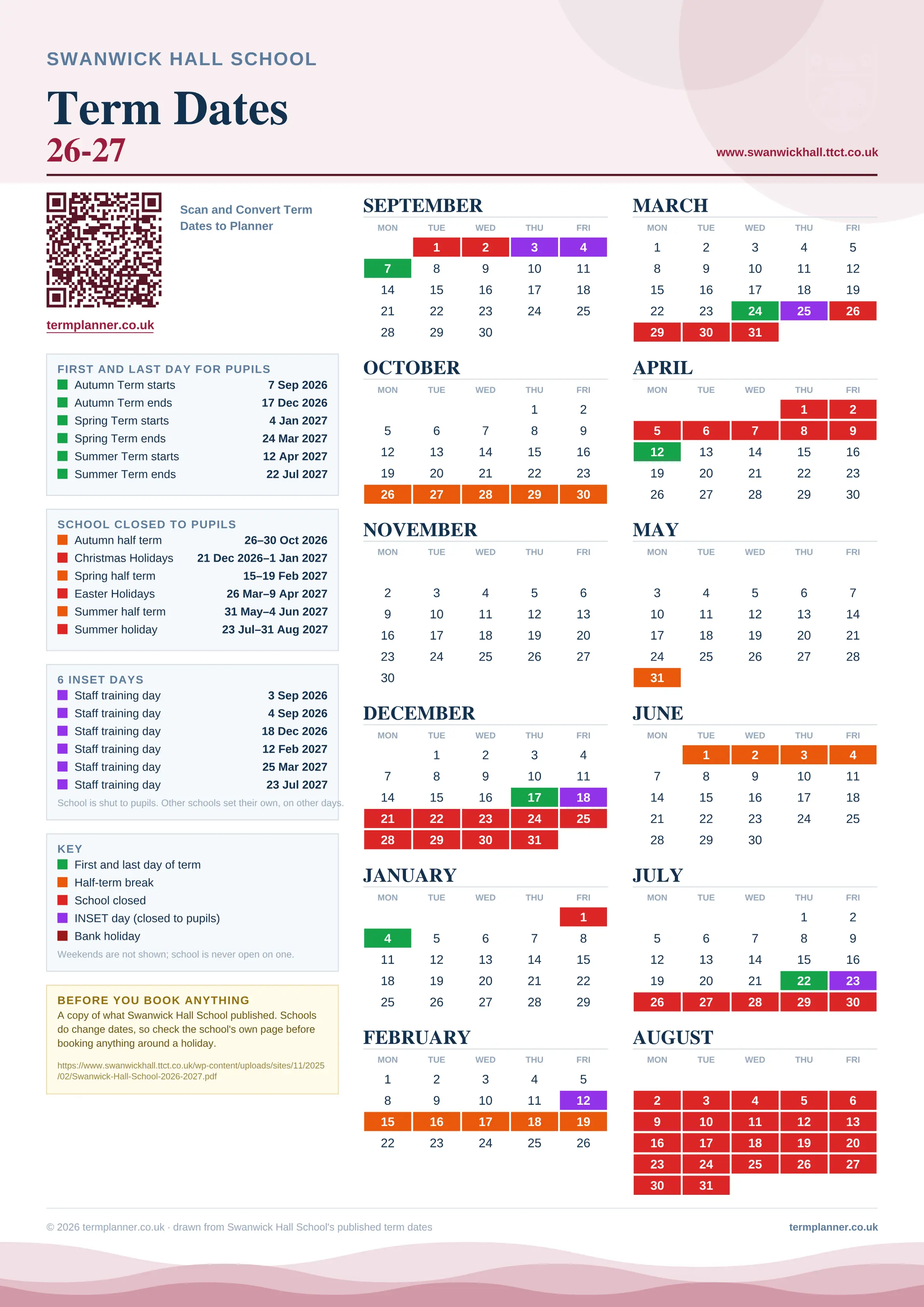 Swanwick Hall School’s 2026/27 school year drawn as one sheet: twelve month grids from September to August, Monday to Friday, with autumn term 7 September to 17 December 2026, spring term 4 January to 24 March 2027, summer term 12 April to 22 July 2027. Half terms, holidays and bank holidays are filled in colour, the first and last day of each term is marked, 6 INSET days are picked out, and every date is listed again in words down the left.