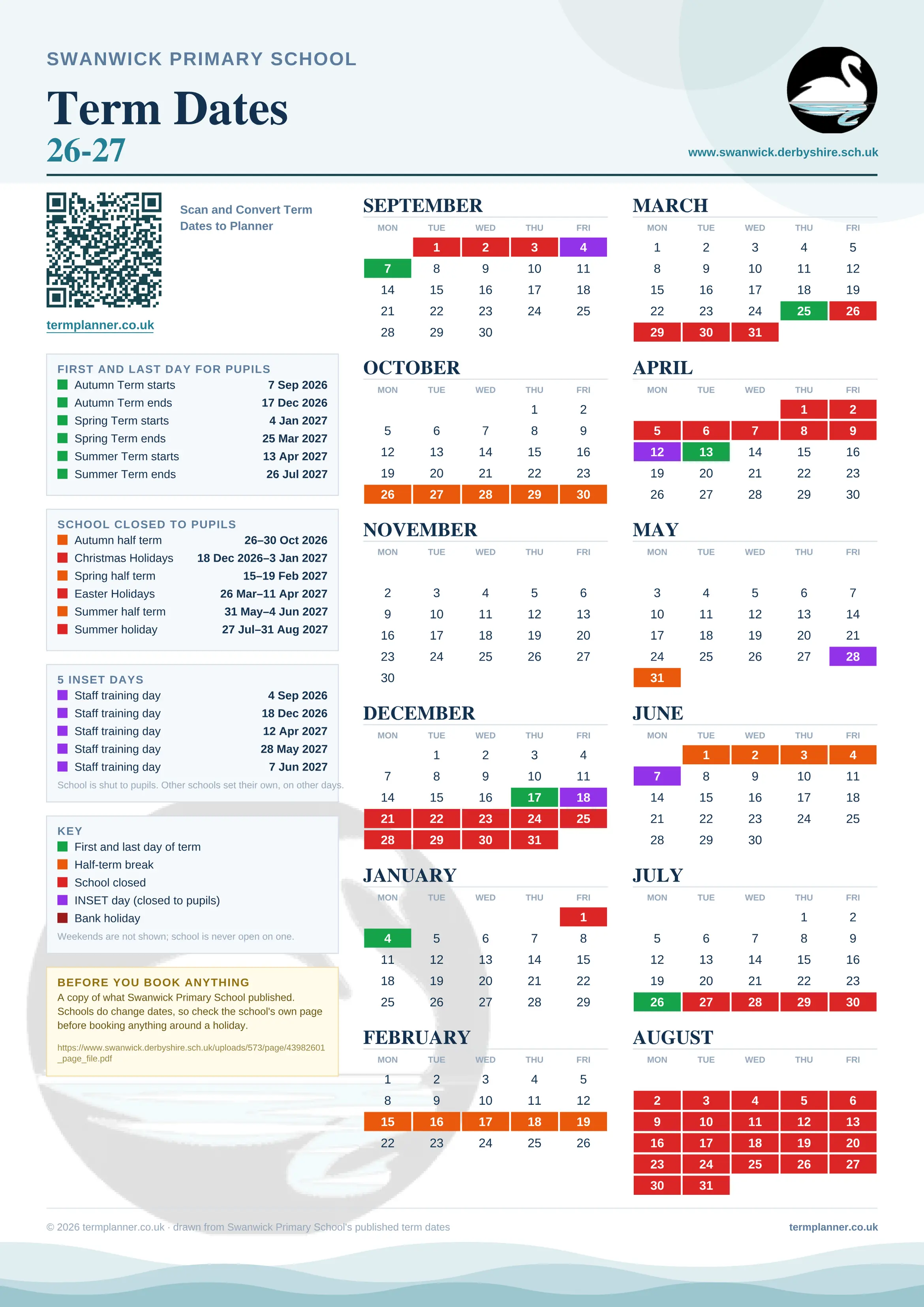 Swanwick Primary School’s 2026/27 school year drawn as one sheet: twelve month grids from September to August, Monday to Friday, with autumn term 7 September to 17 December 2026, spring term 4 January to 25 March 2027, summer term 13 April to 26 July 2027. Half terms, holidays and bank holidays are filled in colour, the first and last day of each term is marked, 5 INSET days are picked out, and every date is listed again in words down the left.