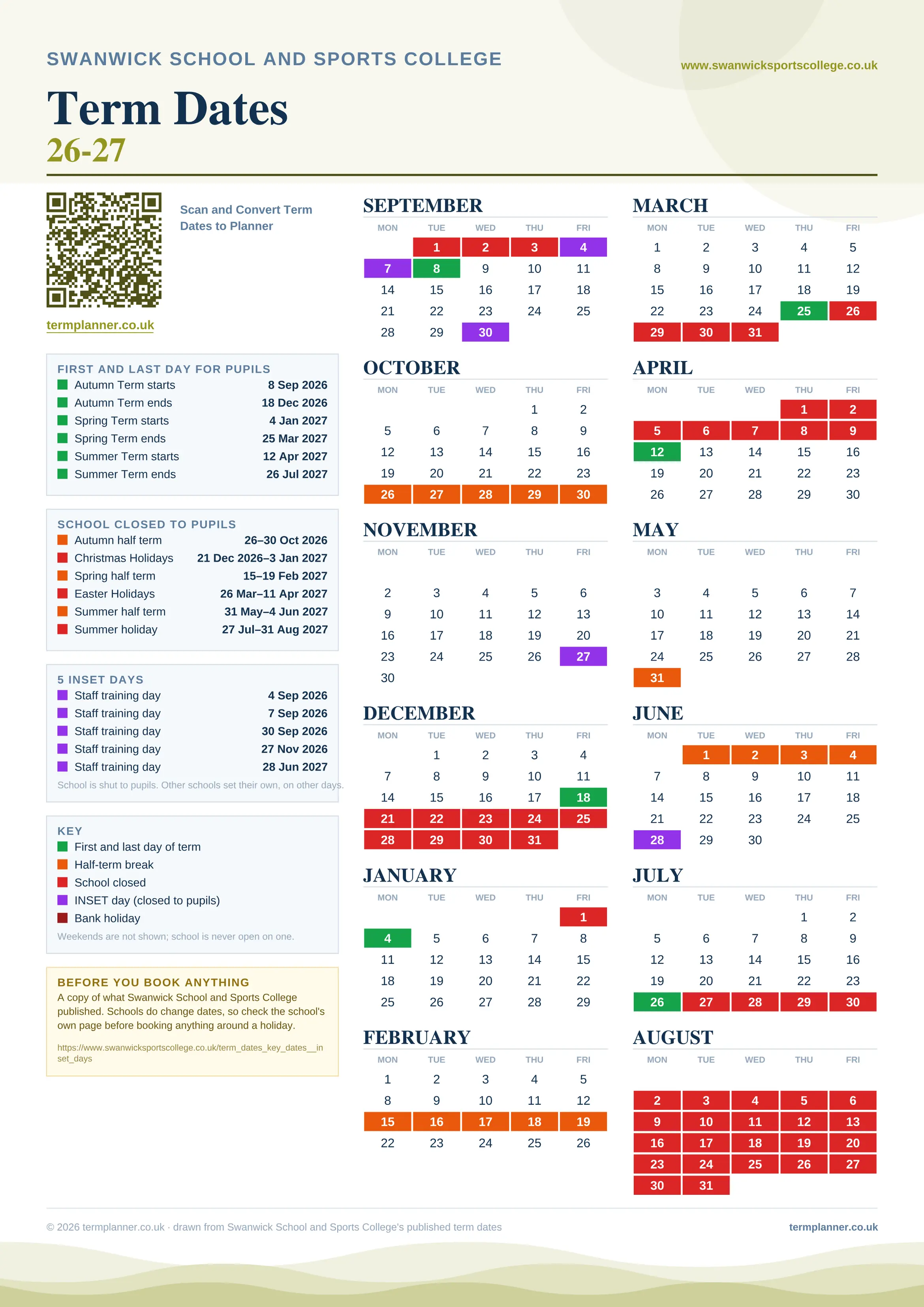 Swanwick School and Sports College’s 2026/27 school year drawn as one sheet: twelve month grids from September to August, Monday to Friday, with autumn term 8 September to 18 December 2026, spring term 4 January to 25 March 2027, summer term 12 April to 26 July 2027. Half terms, holidays and bank holidays are filled in colour, the first and last day of each term is marked, 5 INSET days are picked out, and every date is listed again in words down the left.