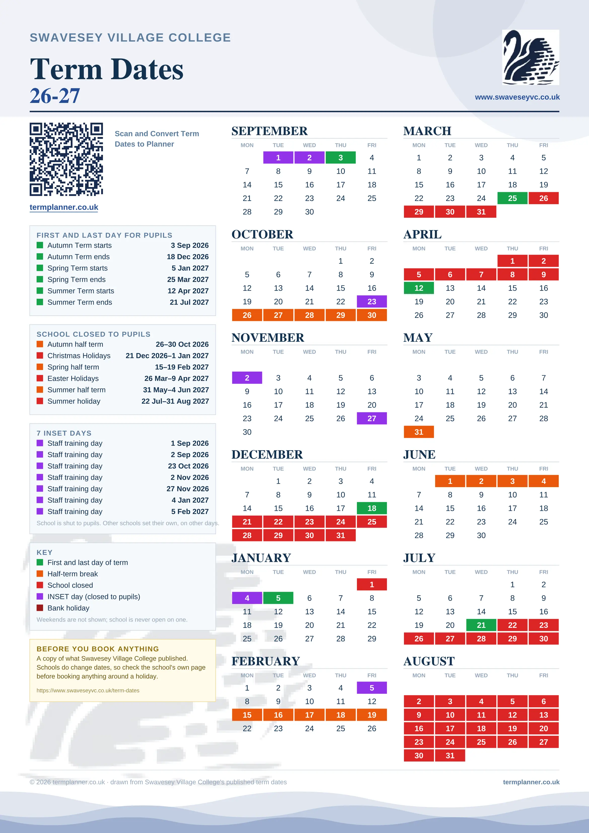 Swavesey Village College’s 2026/27 school year drawn as one sheet: twelve month grids from September to August, Monday to Friday, with autumn term 3 September to 18 December 2026, spring term 5 January to 25 March 2027, summer term 12 April to 21 July 2027. Half terms, holidays and bank holidays are filled in colour, the first and last day of each term is marked, 7 INSET days are picked out, and every date is listed again in words down the left.
