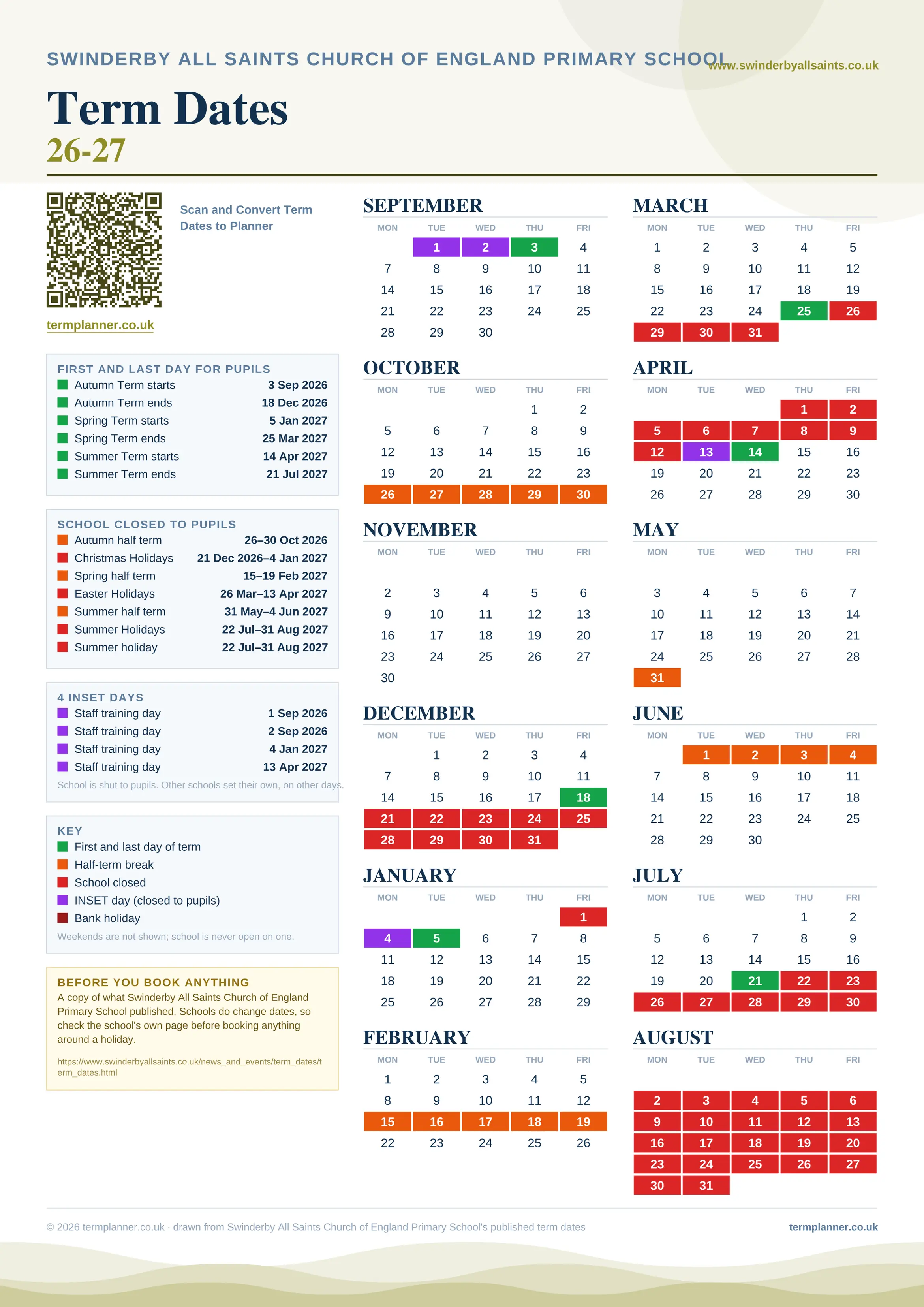 Swinderby All Saints Church of England Primary School’s 2026/27 school year drawn as one sheet: twelve month grids from September to August, Monday to Friday, with autumn term 3 September to 18 December 2026, spring term 5 January to 25 March 2027, summer term 14 April to 21 July 2027. Half terms, holidays and bank holidays are filled in colour, the first and last day of each term is marked, 4 INSET days are picked out, and every date is listed again in words down the left.