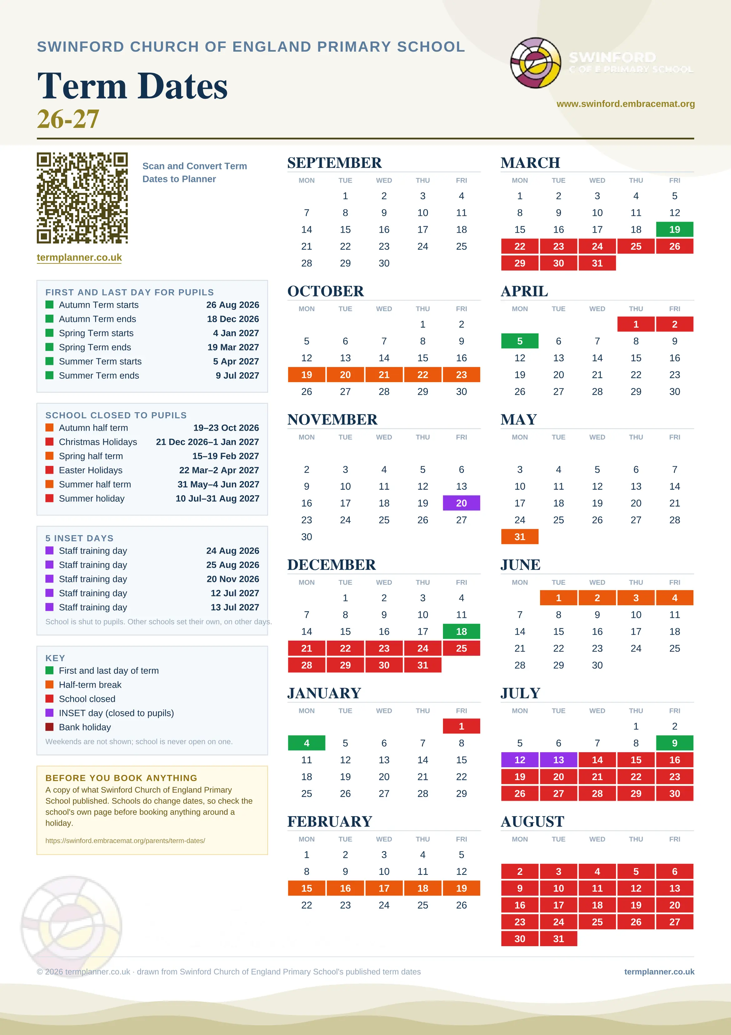 Swinford Church of England Primary School’s 2026/27 school year drawn as one sheet: twelve month grids from September to August, Monday to Friday, with autumn term 26 August to 18 December 2026, spring term 4 January to 19 March 2027, summer term 5 April to 9 July 2027. Half terms, holidays and bank holidays are filled in colour, the first and last day of each term is marked, 5 INSET days are picked out, and every date is listed again in words down the left.