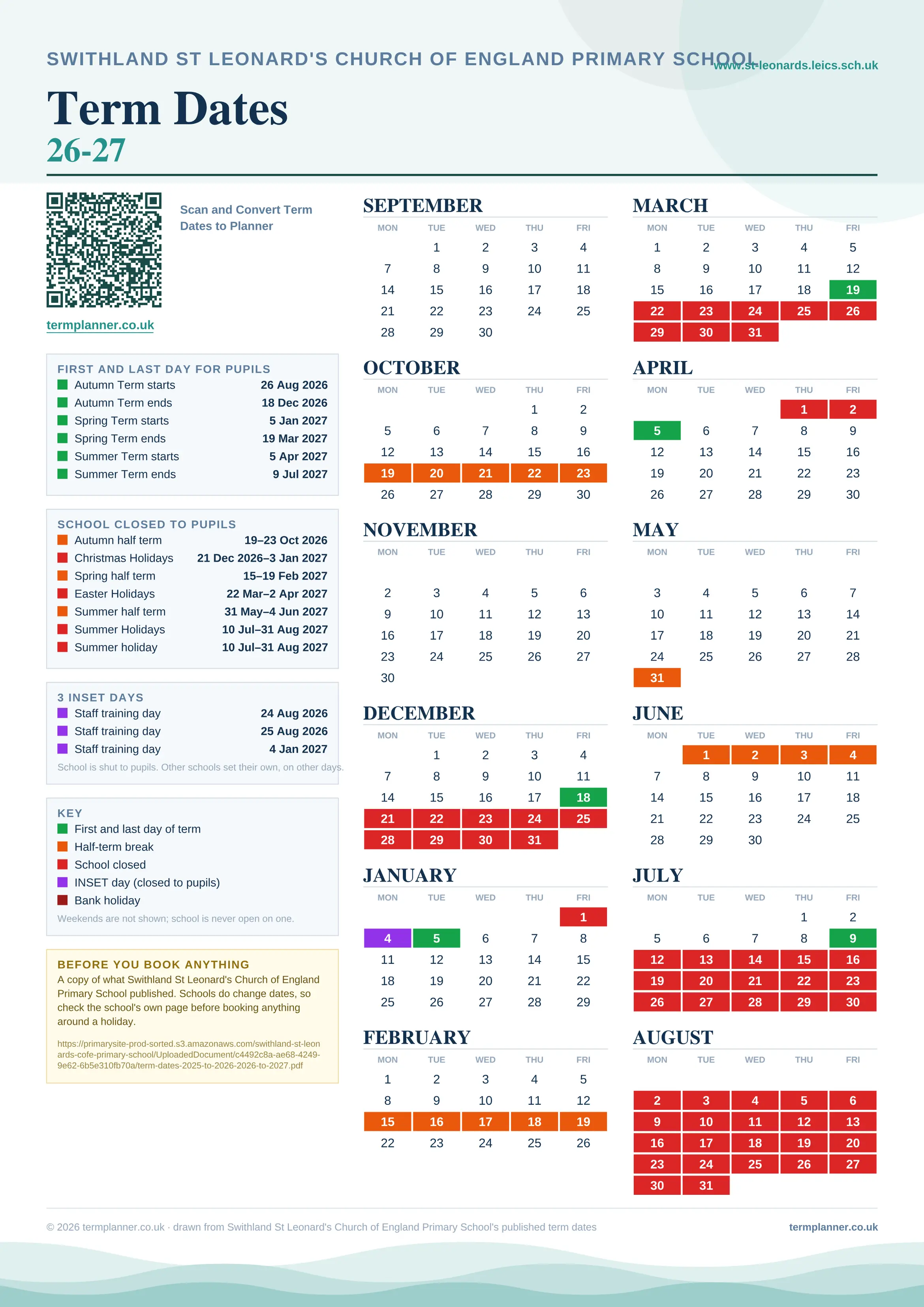 Swithland St Leonard's Church of England Primary School’s 2026/27 school year drawn as one sheet: twelve month grids from September to August, Monday to Friday, with autumn term 26 August to 18 December 2026, spring term 5 January to 19 March 2027, summer term 5 April to 9 July 2027. Half terms, holidays and bank holidays are filled in colour, the first and last day of each term is marked, 3 INSET days are picked out, and every date is listed again in words down the left.
