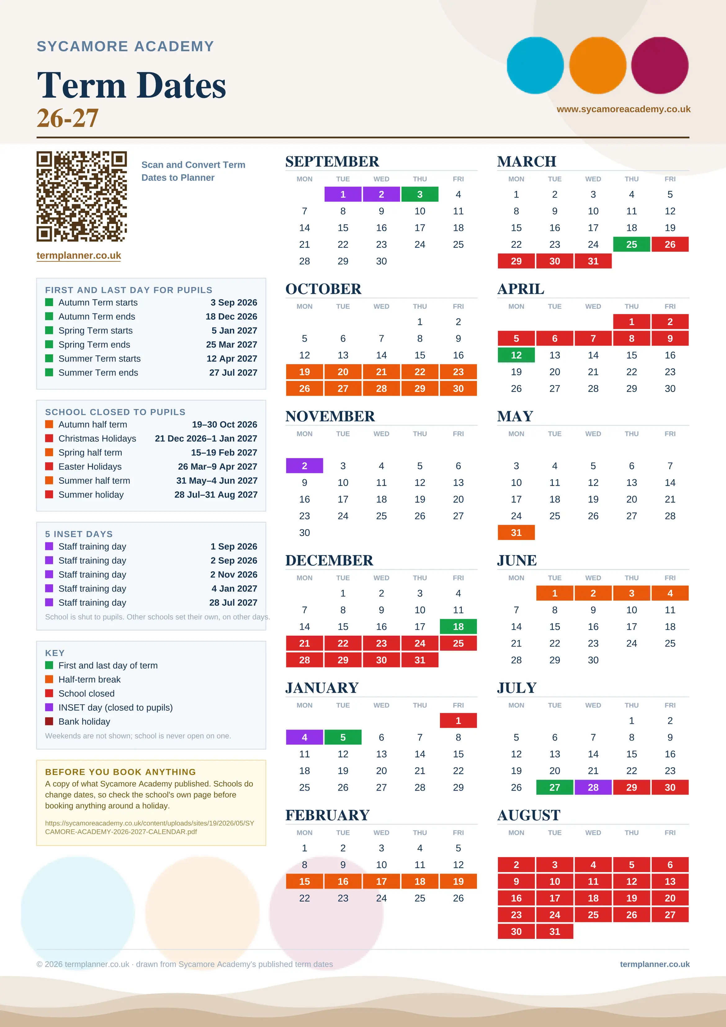 Sycamore Academy’s 2026/27 school year drawn as one sheet: twelve month grids from September to August, Monday to Friday, with autumn term 3 September to 18 December 2026, spring term 5 January to 25 March 2027, summer term 12 April to 27 July 2027. Half terms, holidays and bank holidays are filled in colour, the first and last day of each term is marked, 5 INSET days are picked out, and every date is listed again in words down the left.
