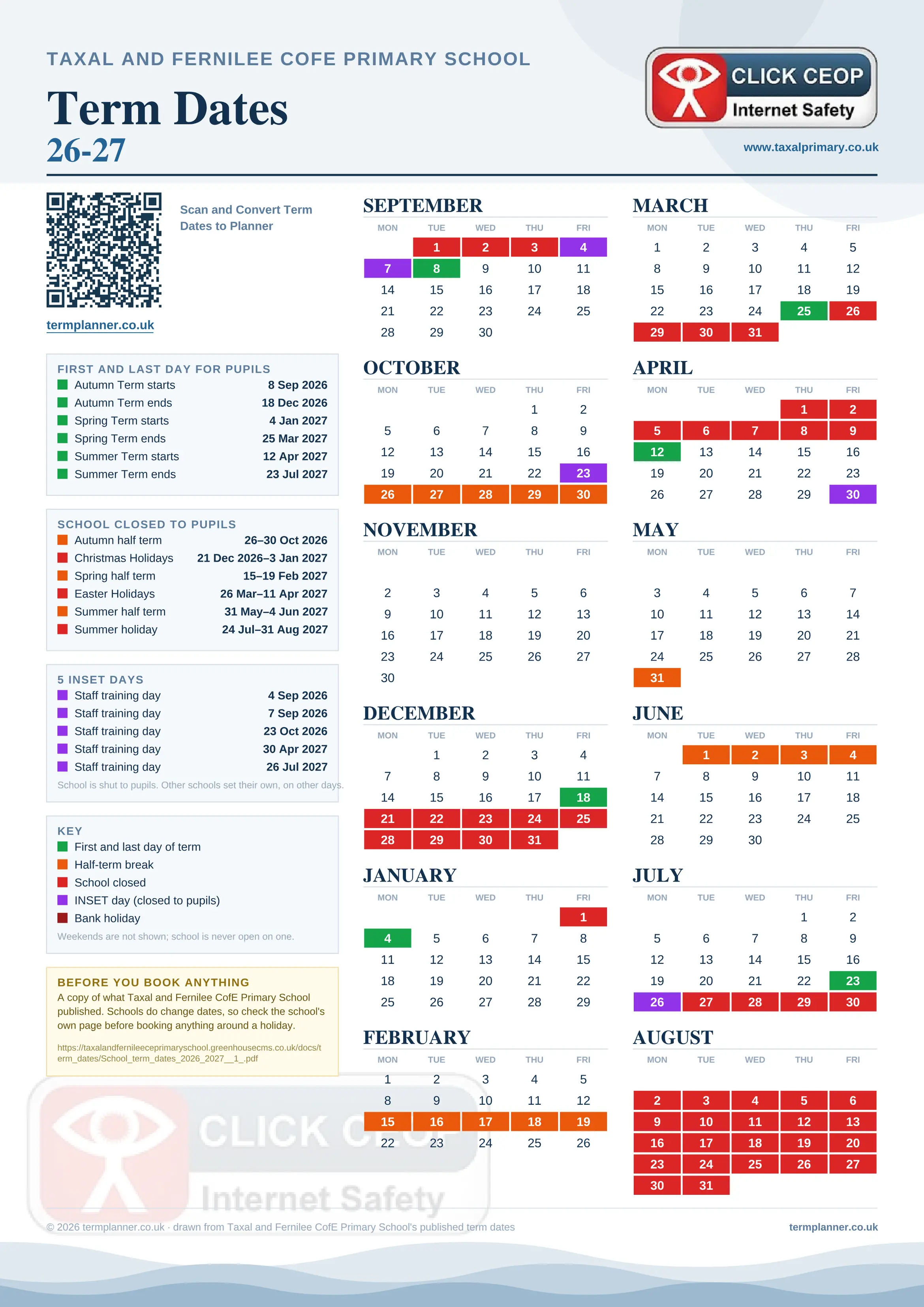 Taxal and Fernilee CofE Primary School’s 2026/27 school year drawn as one sheet: twelve month grids from September to August, Monday to Friday, with autumn term 8 September to 18 December 2026, spring term 4 January to 25 March 2027, summer term 12 April to 23 July 2027. Half terms, holidays and bank holidays are filled in colour, the first and last day of each term is marked, 5 INSET days are picked out, and every date is listed again in words down the left.