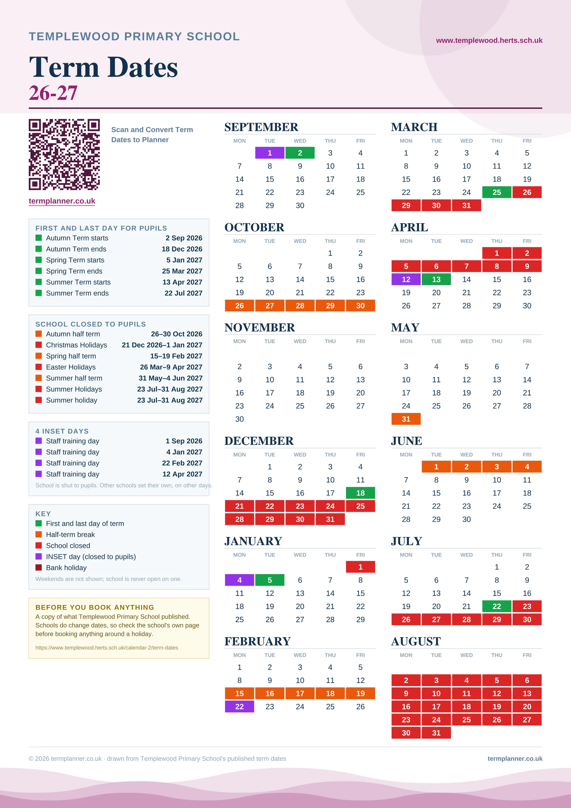 Templewood Primary School’s 2026/27 school year drawn as one sheet: twelve month grids from September to August, Monday to Friday, with autumn term 2 September to 18 December 2026, spring term 5 January to 25 March 2027, summer term 13 April to 22 July 2027. Half terms, holidays and bank holidays are filled in colour, the first and last day of each term is marked, 4 INSET days are picked out, and every date is listed again in words down the left.