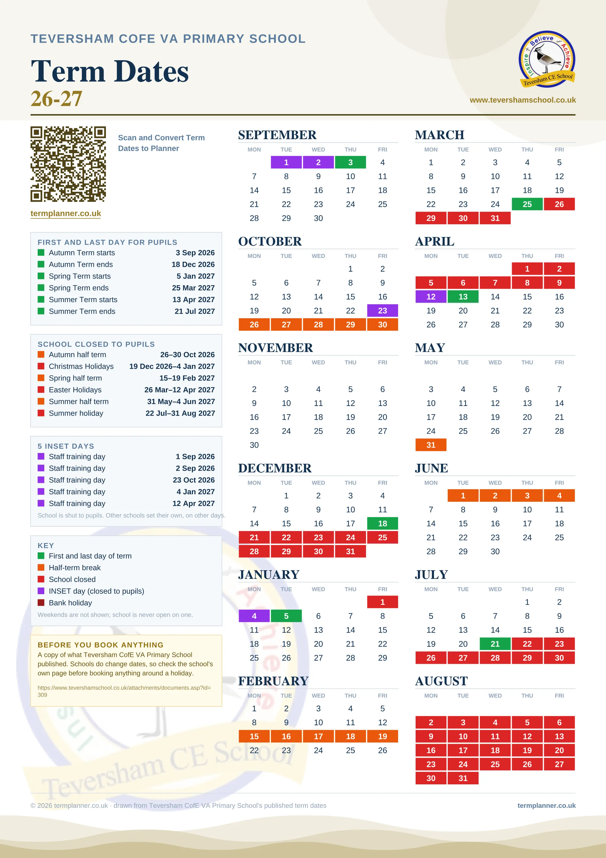 Teversham CofE VA Primary School’s 2026/27 school year drawn as one sheet: twelve month grids from September to August, Monday to Friday, with autumn term 3 September to 18 December 2026, spring term 5 January to 25 March 2027, summer term 13 April to 21 July 2027. Half terms, holidays and bank holidays are filled in colour, the first and last day of each term is marked, 5 INSET days are picked out, and every date is listed again in words down the left.