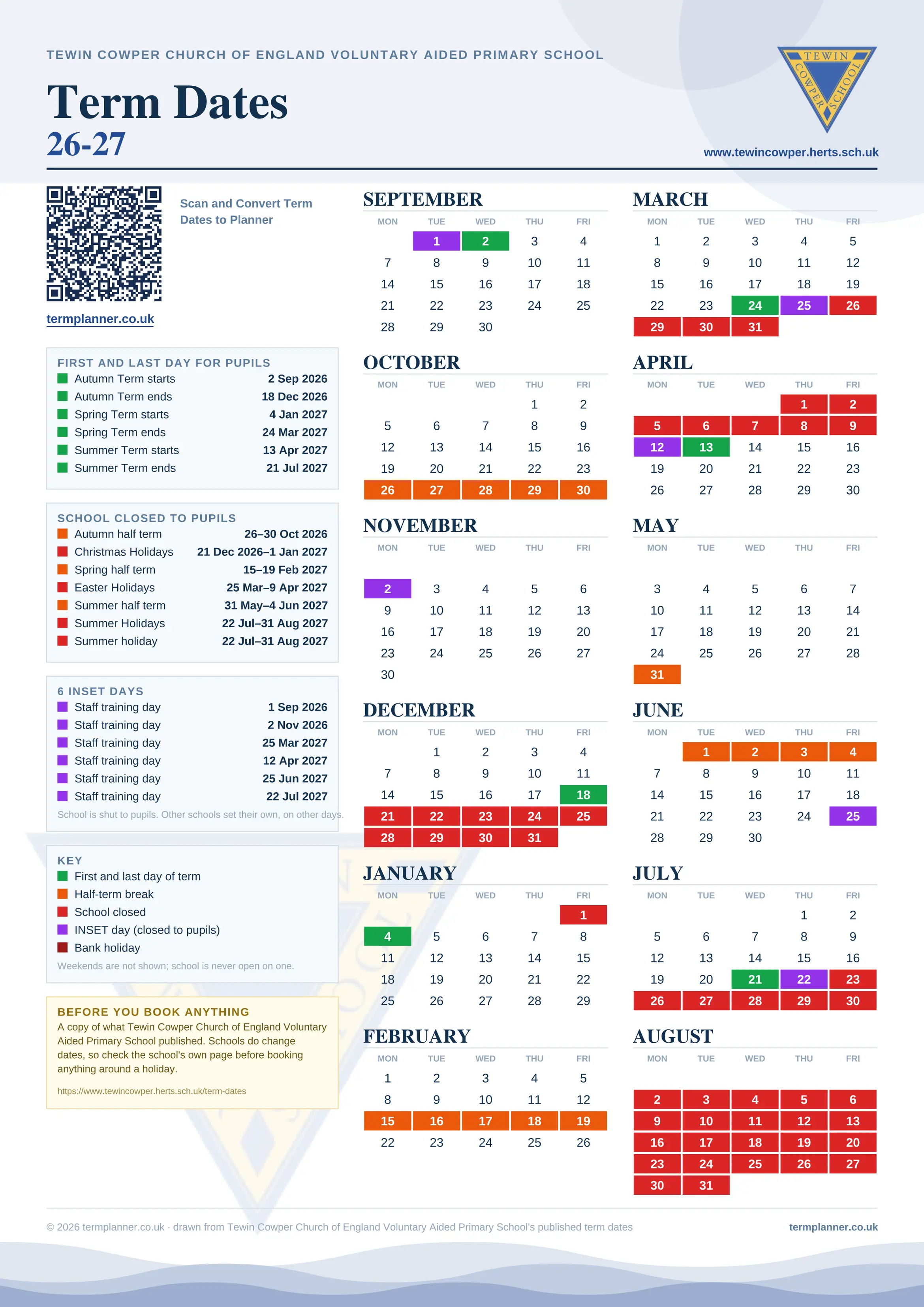 Tewin Cowper Church of England Voluntary Aided Primary School’s 2026/27 school year drawn as one sheet: twelve month grids from September to August, Monday to Friday, with autumn term 2 September to 18 December 2026, spring term 4 January to 24 March 2027, summer term 13 April to 21 July 2027. Half terms, holidays and bank holidays are filled in colour, the first and last day of each term is marked, 6 INSET days are picked out, and every date is listed again in words down the left.