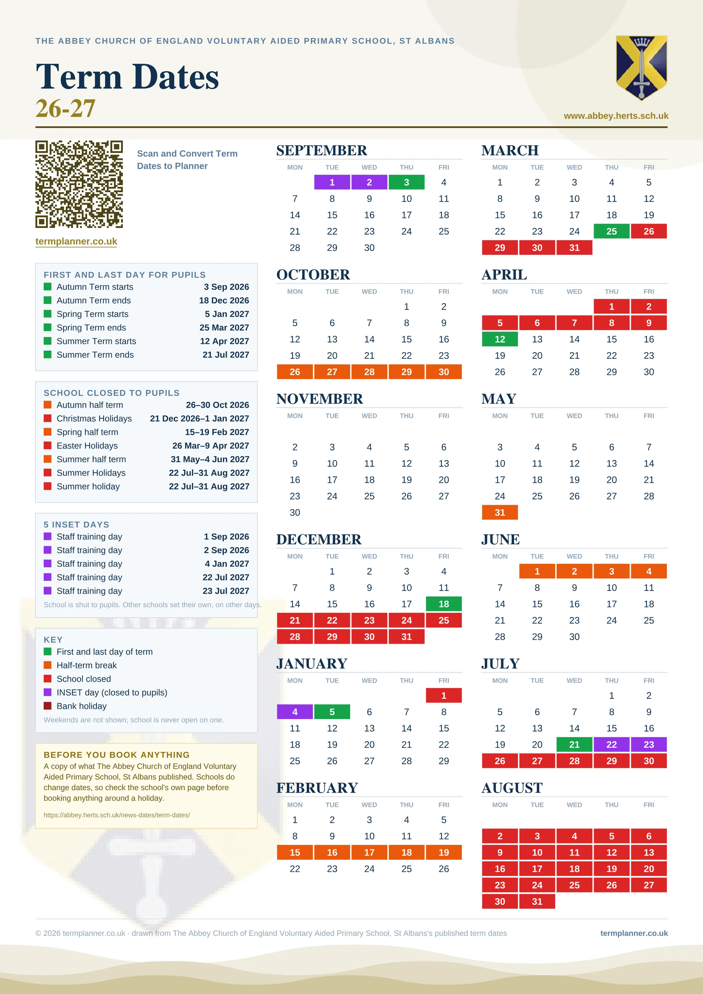 The Abbey Church of England Voluntary Aided Primary School, St Albans’s 2026/27 school year drawn as one sheet: twelve month grids from September to August, Monday to Friday, with autumn term 3 September to 18 December 2026, spring term 5 January to 25 March 2027, summer term 12 April to 21 July 2027. Half terms, holidays and bank holidays are filled in colour, the first and last day of each term is marked, 5 INSET days are picked out, and every date is listed again in words down the left.