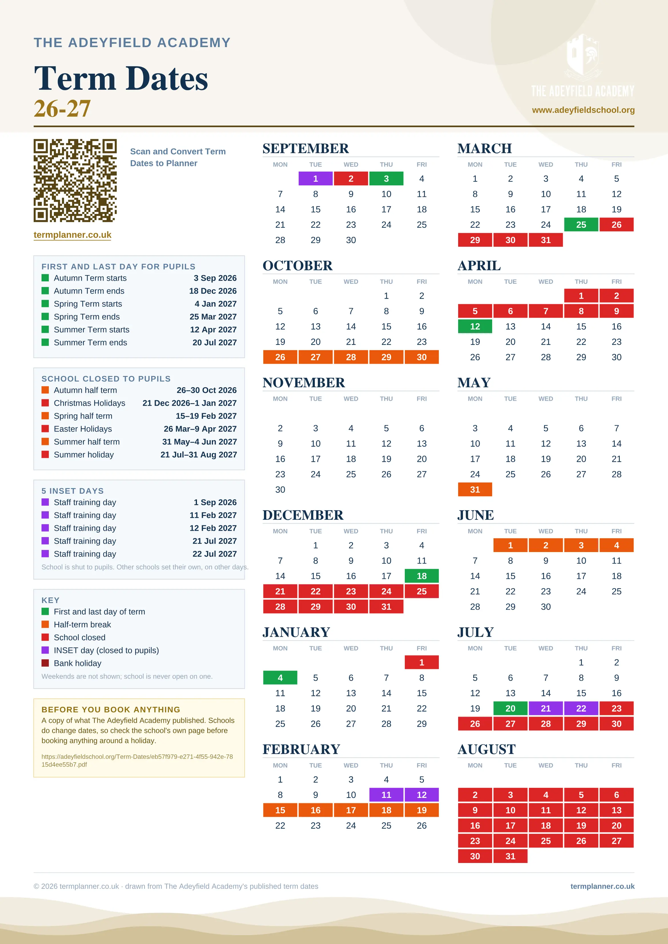 The Adeyfield Academy’s 2026/27 school year drawn as one sheet: twelve month grids from September to August, Monday to Friday, with autumn term 3 September to 18 December 2026, spring term 4 January to 25 March 2027, summer term 12 April to 20 July 2027. Half terms, holidays and bank holidays are filled in colour, the first and last day of each term is marked, 5 INSET days are picked out, and every date is listed again in words down the left.