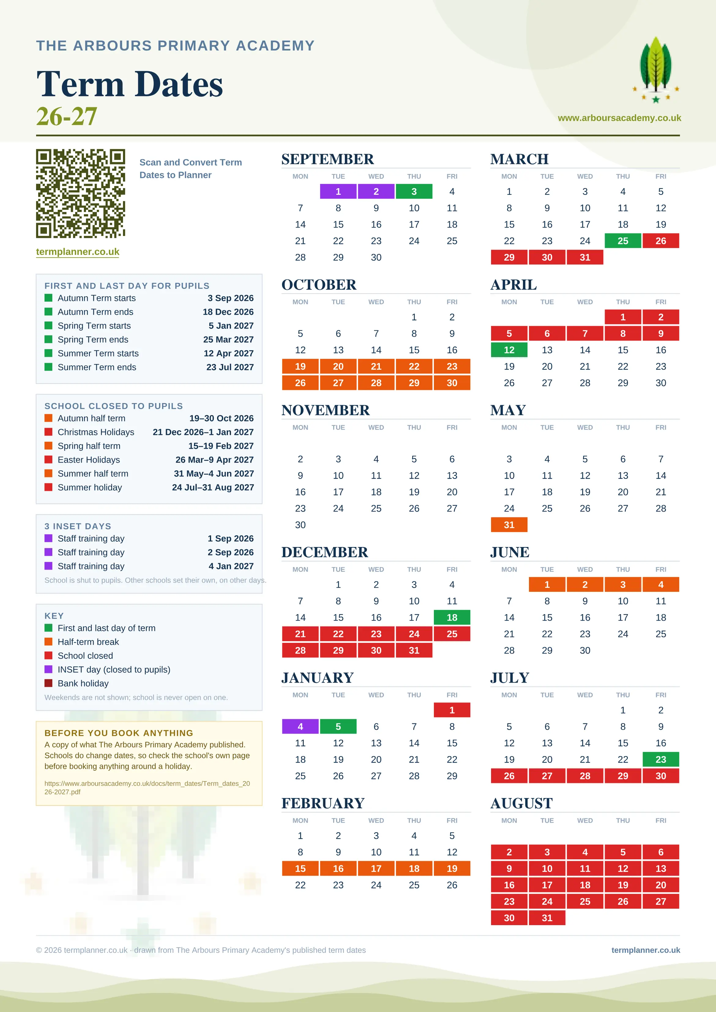 The Arbours Primary Academy’s 2026/27 school year drawn as one sheet: twelve month grids from September to August, Monday to Friday, with autumn term 3 September to 18 December 2026, spring term 5 January to 25 March 2027, summer term 12 April to 23 July 2027. Half terms, holidays and bank holidays are filled in colour, the first and last day of each term is marked, 3 INSET days are picked out, and every date is listed again in words down the left.