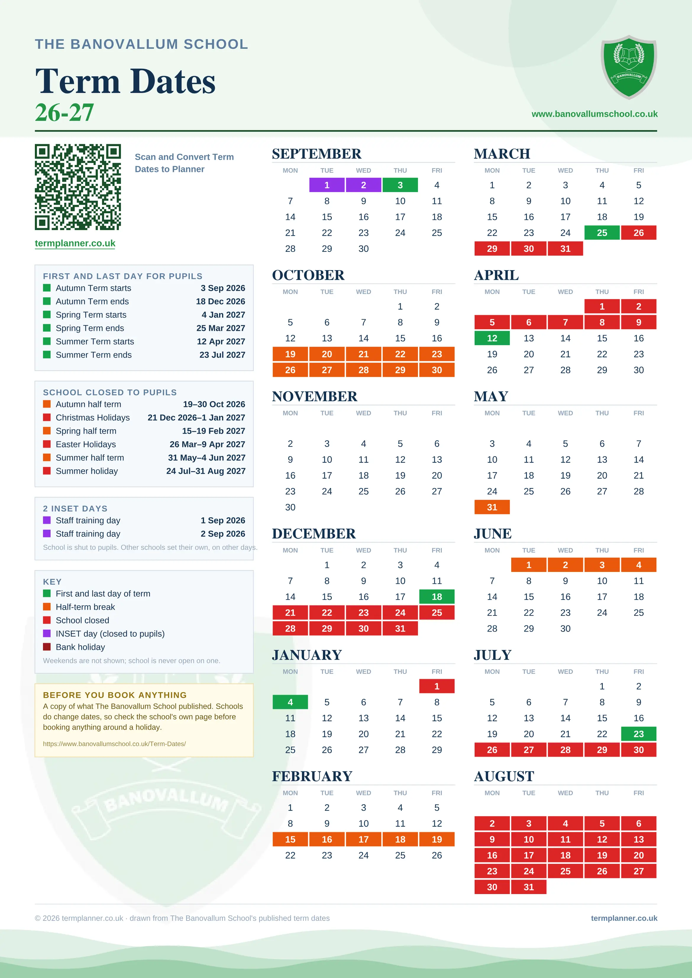 The Banovallum School’s 2026/27 school year drawn as one sheet: twelve month grids from September to August, Monday to Friday, with autumn term 3 September to 18 December 2026, spring term 4 January to 25 March 2027, summer term 12 April to 23 July 2027. Half terms, holidays and bank holidays are filled in colour, the first and last day of each term is marked, 2 INSET days are picked out, and every date is listed again in words down the left.