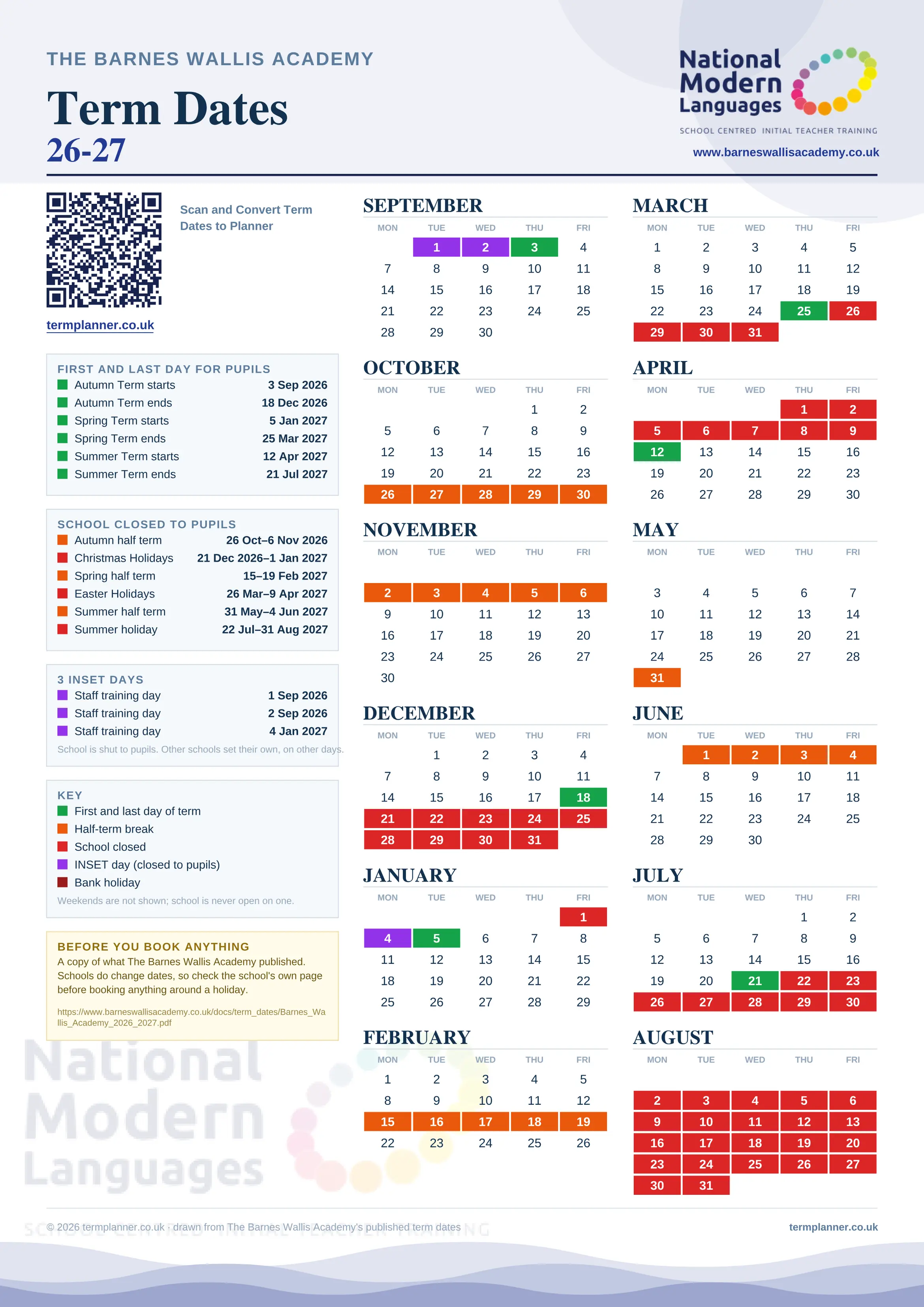The Barnes Wallis Academy’s 2026/27 school year drawn as one sheet: twelve month grids from September to August, Monday to Friday, with autumn term 3 September to 18 December 2026, spring term 5 January to 25 March 2027, summer term 12 April to 21 July 2027. Half terms, holidays and bank holidays are filled in colour, the first and last day of each term is marked, 3 INSET days are picked out, and every date is listed again in words down the left.