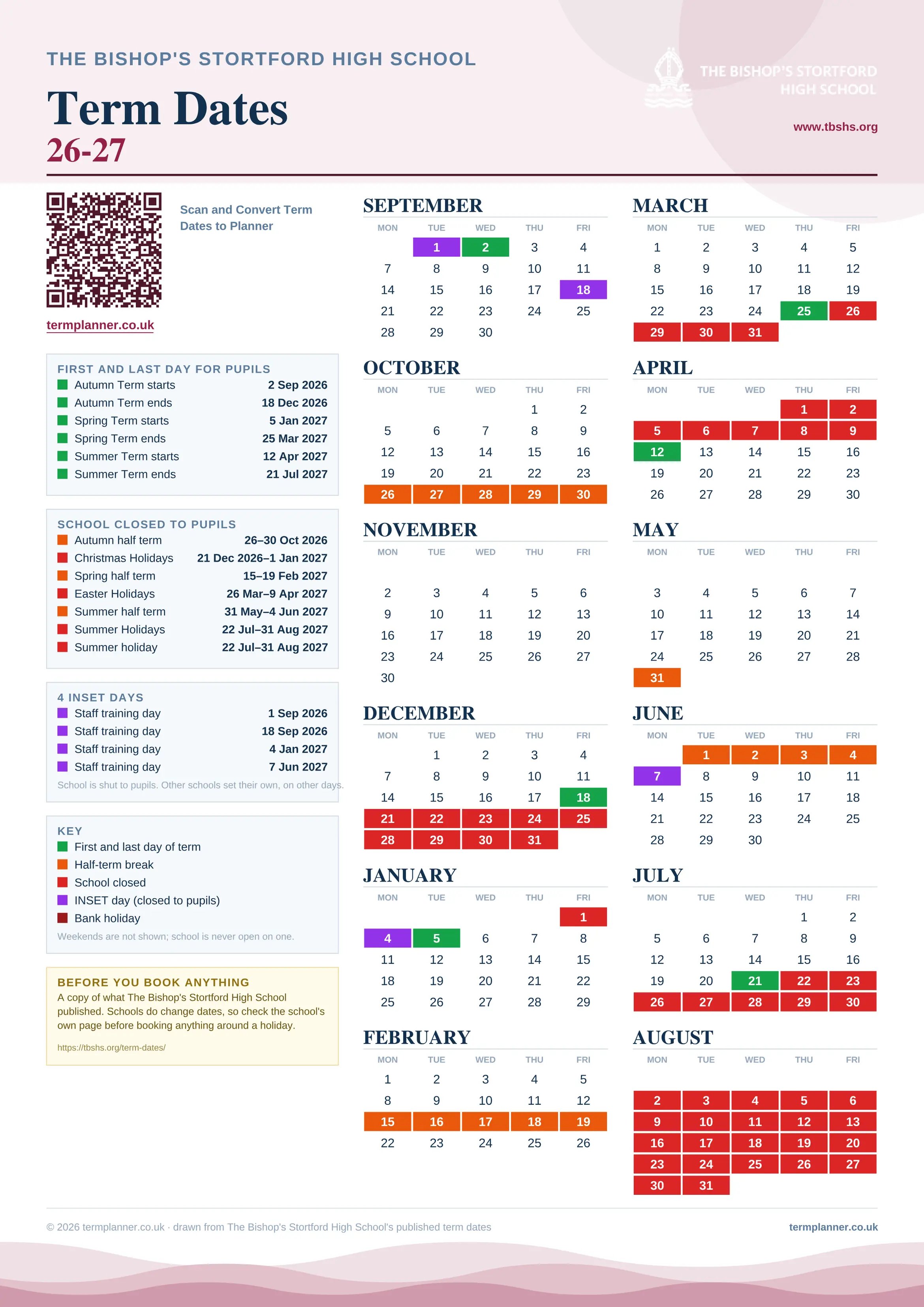 The Bishop's Stortford High School’s 2026/27 school year drawn as one sheet: twelve month grids from September to August, Monday to Friday, with autumn term 2 September to 18 December 2026, spring term 5 January to 25 March 2027, summer term 12 April to 21 July 2027. Half terms, holidays and bank holidays are filled in colour, the first and last day of each term is marked, 4 INSET days are picked out, and every date is listed again in words down the left.