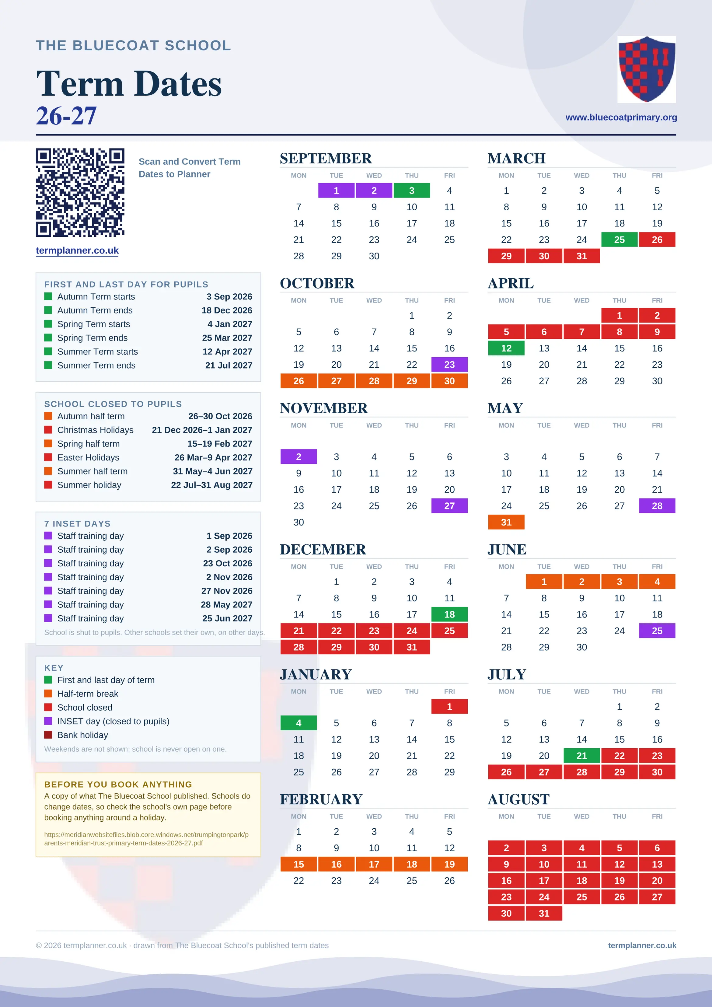 The Bluecoat School’s 2026/27 school year drawn as one sheet: twelve month grids from September to August, Monday to Friday, with autumn term 3 September to 18 December 2026, spring term 4 January to 25 March 2027, summer term 12 April to 21 July 2027. Half terms, holidays and bank holidays are filled in colour, the first and last day of each term is marked, 7 INSET days are picked out, and every date is listed again in words down the left.