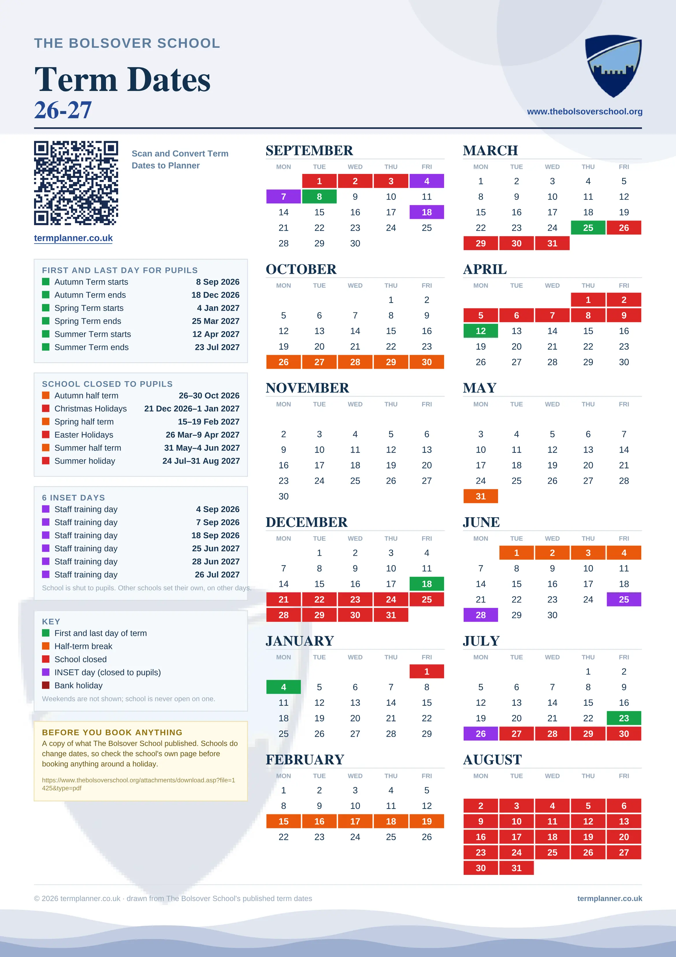 The Bolsover School’s 2026/27 school year drawn as one sheet: twelve month grids from September to August, Monday to Friday, with autumn term 8 September to 18 December 2026, spring term 4 January to 25 March 2027, summer term 12 April to 23 July 2027. Half terms, holidays and bank holidays are filled in colour, the first and last day of each term is marked, 6 INSET days are picked out, and every date is listed again in words down the left.