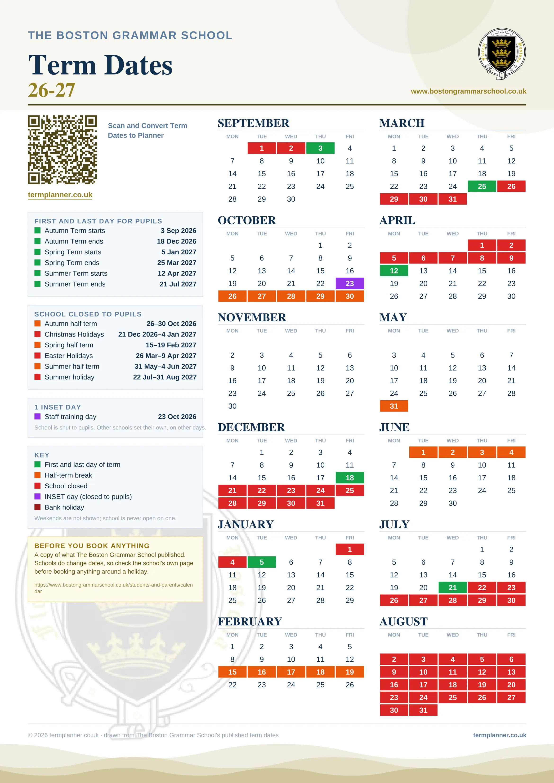 The Boston Grammar School’s 2026/27 school year drawn as one sheet: twelve month grids from September to August, Monday to Friday, with autumn term 3 September to 18 December 2026, spring term 5 January to 25 March 2027, summer term 12 April to 21 July 2027. Half terms, holidays and bank holidays are filled in colour, the first and last day of each term is marked, 1 INSET day is picked out, and every date is listed again in words down the left.