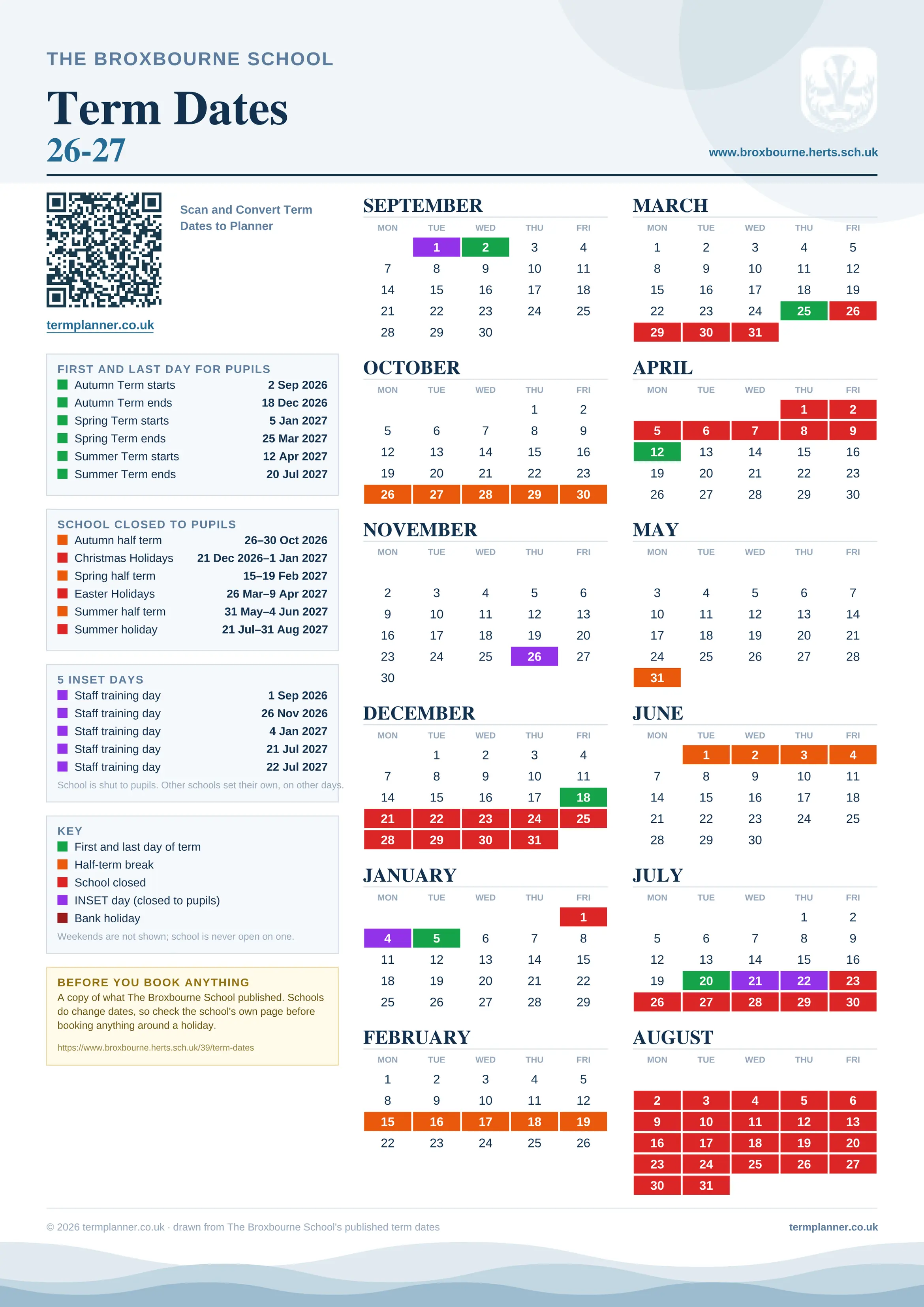 The Broxbourne School’s 2026/27 school year drawn as one sheet: twelve month grids from September to August, Monday to Friday, with autumn term 2 September to 18 December 2026, spring term 5 January to 25 March 2027, summer term 12 April to 20 July 2027. Half terms, holidays and bank holidays are filled in colour, the first and last day of each term is marked, 5 INSET days are picked out, and every date is listed again in words down the left.