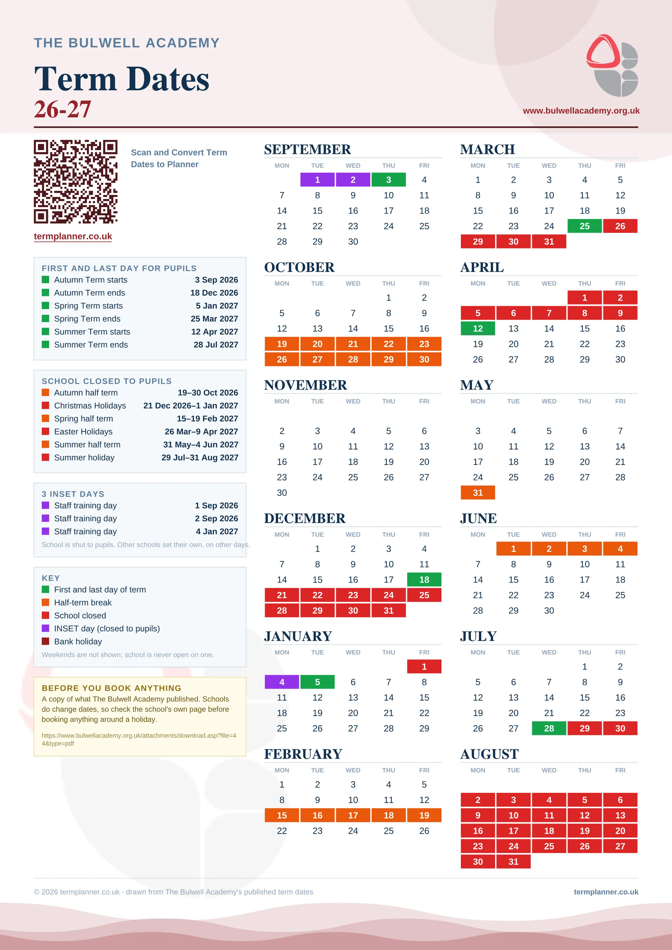 The Bulwell Academy’s 2026/27 school year drawn as one sheet: twelve month grids from September to August, Monday to Friday, with autumn term 3 September to 18 December 2026, spring term 5 January to 25 March 2027, summer term 12 April to 28 July 2027. Half terms, holidays and bank holidays are filled in colour, the first and last day of each term is marked, 3 INSET days are picked out, and every date is listed again in words down the left.