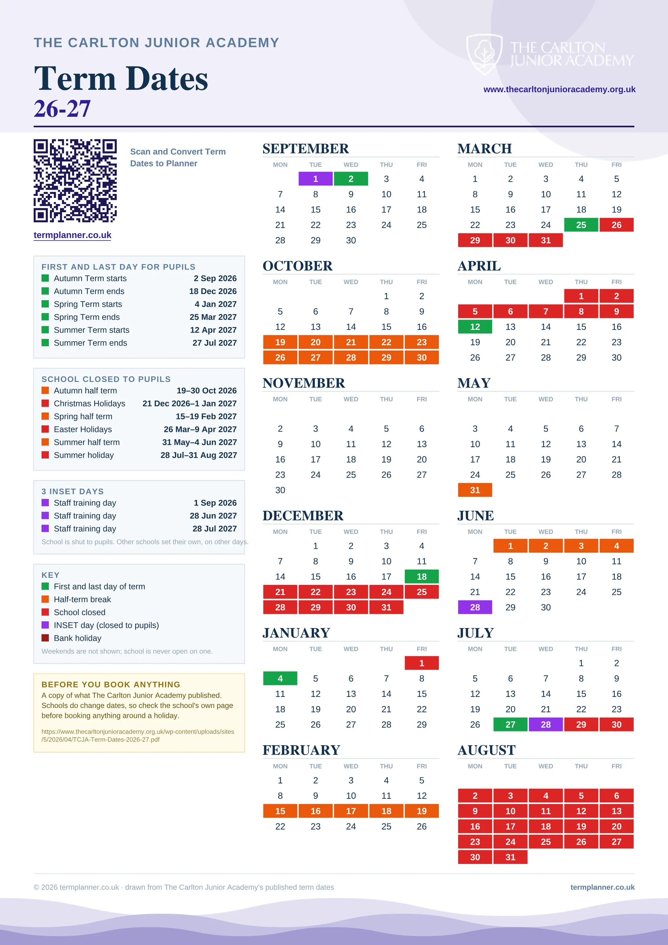 The Carlton Junior Academy’s 2026/27 school year drawn as one sheet: twelve month grids from September to August, Monday to Friday, with autumn term 2 September to 18 December 2026, spring term 4 January to 25 March 2027, summer term 12 April to 27 July 2027. Half terms, holidays and bank holidays are filled in colour, the first and last day of each term is marked, 3 INSET days are picked out, and every date is listed again in words down the left.