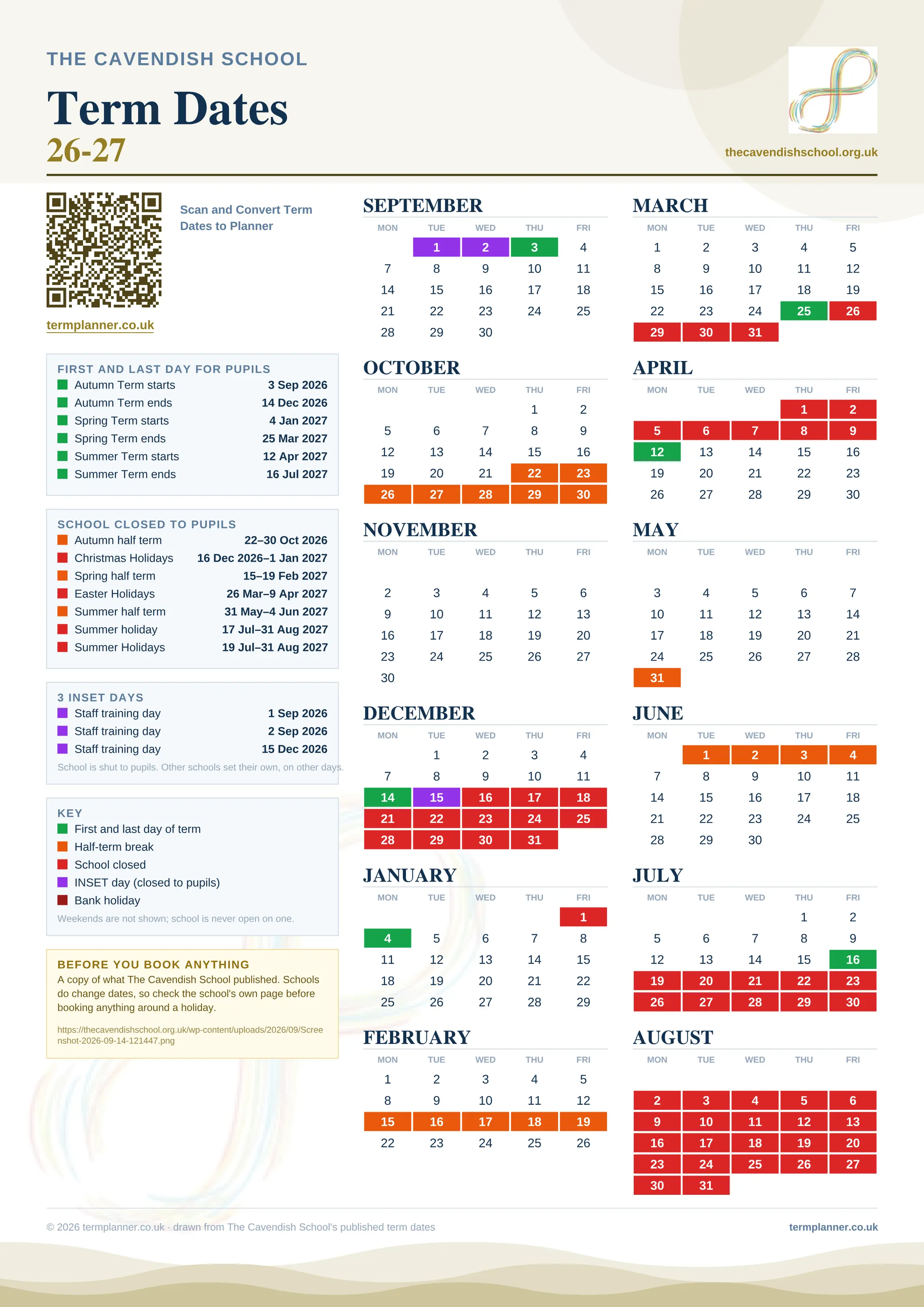 The Cavendish School’s 2026/27 school year drawn as one sheet: twelve month grids from September to August, Monday to Friday, with autumn term 3 September to 14 December 2026, spring term 4 January to 25 March 2027, summer term 12 April to 16 July 2027. Half terms, holidays and bank holidays are filled in colour, the first and last day of each term is marked, 3 INSET days are picked out, and every date is listed again in words down the left.