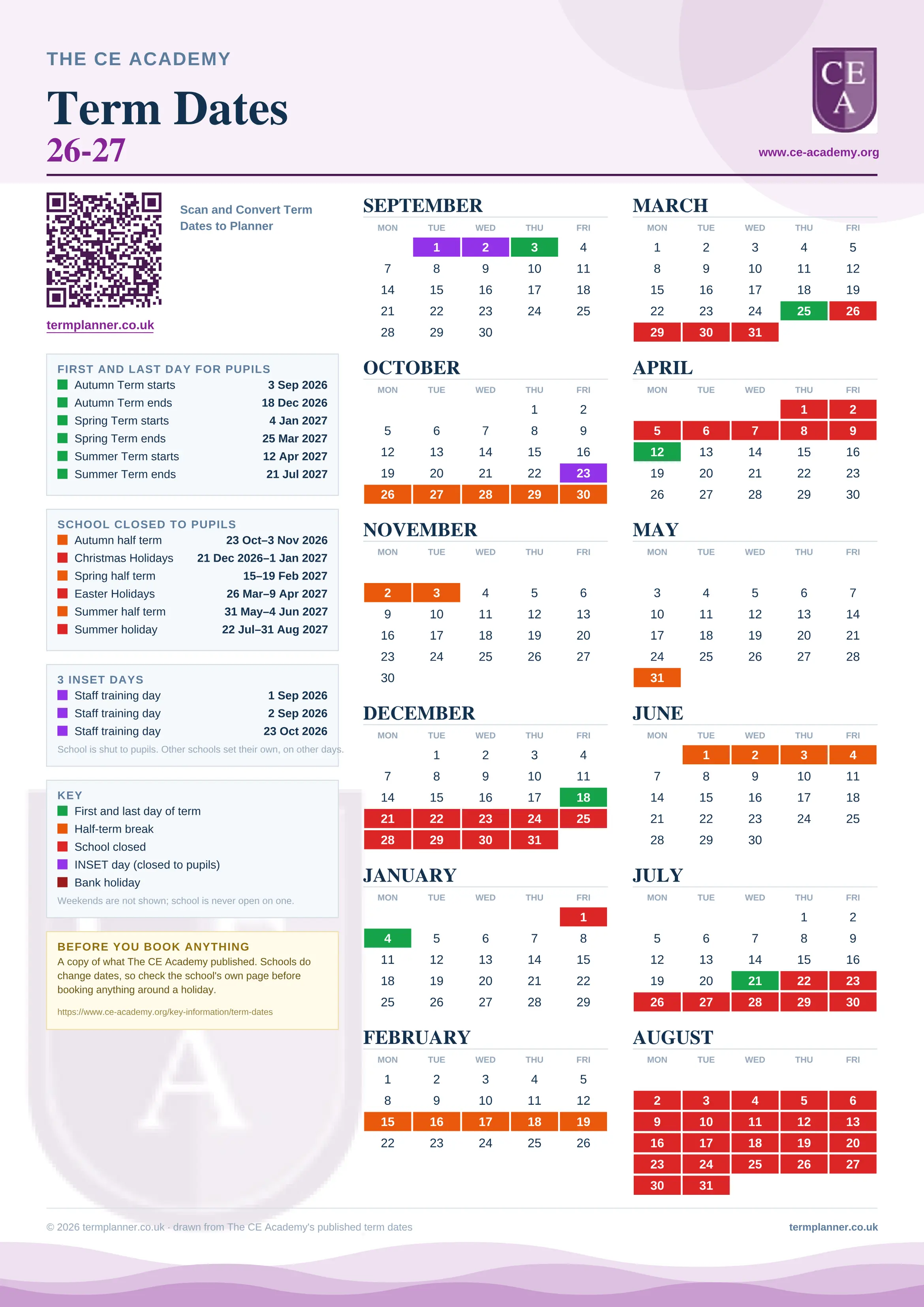 The CE Academy’s 2026/27 school year drawn as one sheet: twelve month grids from September to August, Monday to Friday, with autumn term 3 September to 18 December 2026, spring term 4 January to 25 March 2027, summer term 12 April to 21 July 2027. Half terms, holidays and bank holidays are filled in colour, the first and last day of each term is marked, 3 INSET days are picked out, and every date is listed again in words down the left.