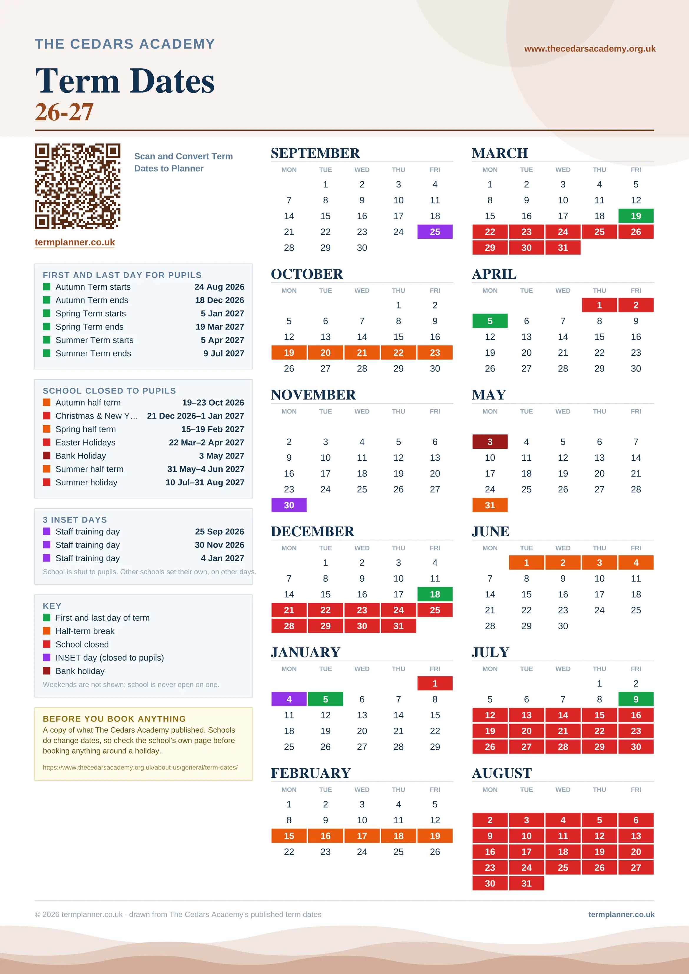 The Cedars Academy’s 2026/27 school year drawn as one sheet: twelve month grids from September to August, Monday to Friday, with autumn term 24 August to 18 December 2026, spring term 5 January to 19 March 2027, summer term 5 April to 9 July 2027. Half terms, holidays and bank holidays are filled in colour, the first and last day of each term is marked, 3 INSET days are picked out, and every date is listed again in words down the left.