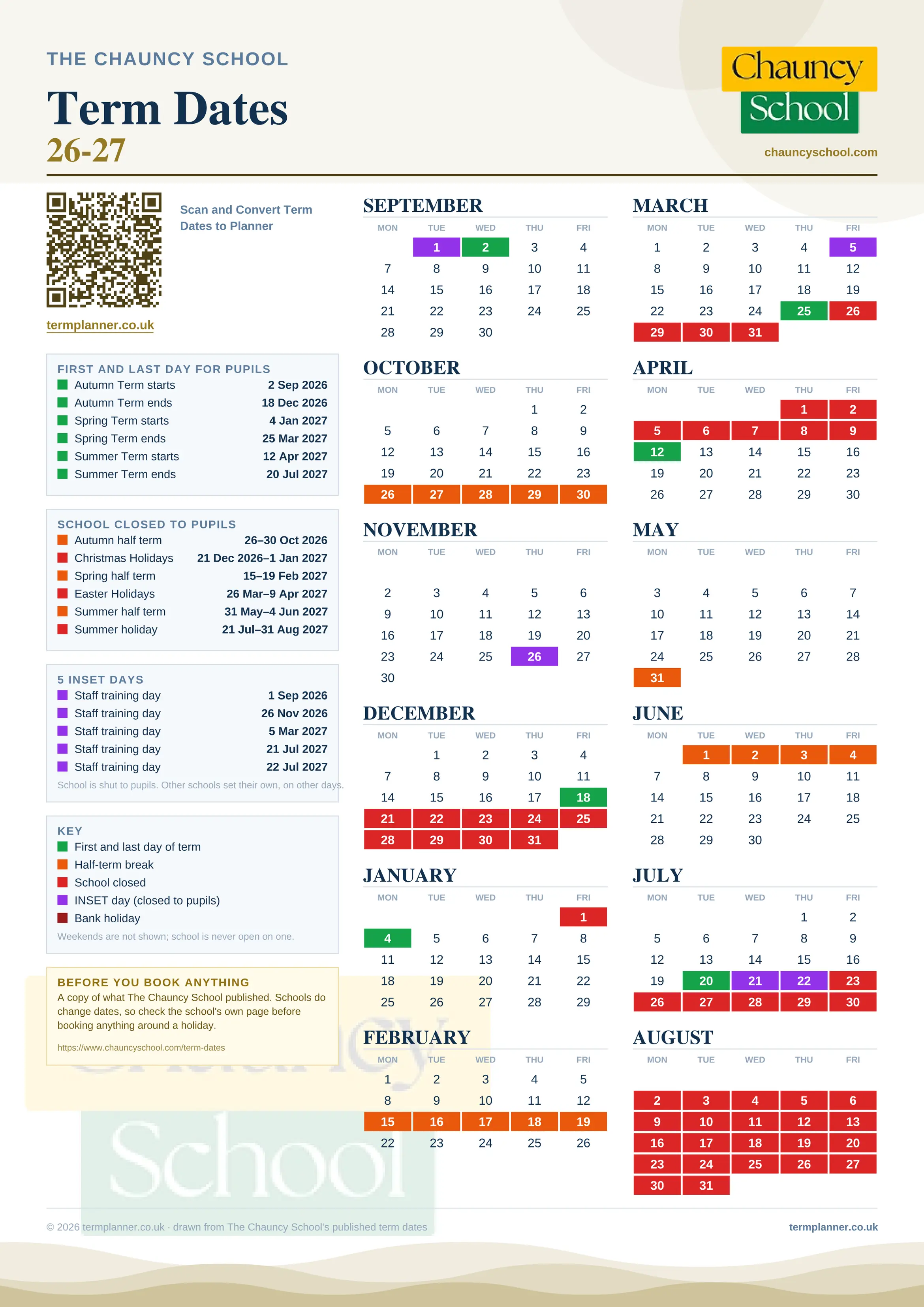 The Chauncy School’s 2026/27 school year drawn as one sheet: twelve month grids from September to August, Monday to Friday, with autumn term 2 September to 18 December 2026, spring term 4 January to 25 March 2027, summer term 12 April to 20 July 2027. Half terms, holidays and bank holidays are filled in colour, the first and last day of each term is marked, 5 INSET days are picked out, and every date is listed again in words down the left.