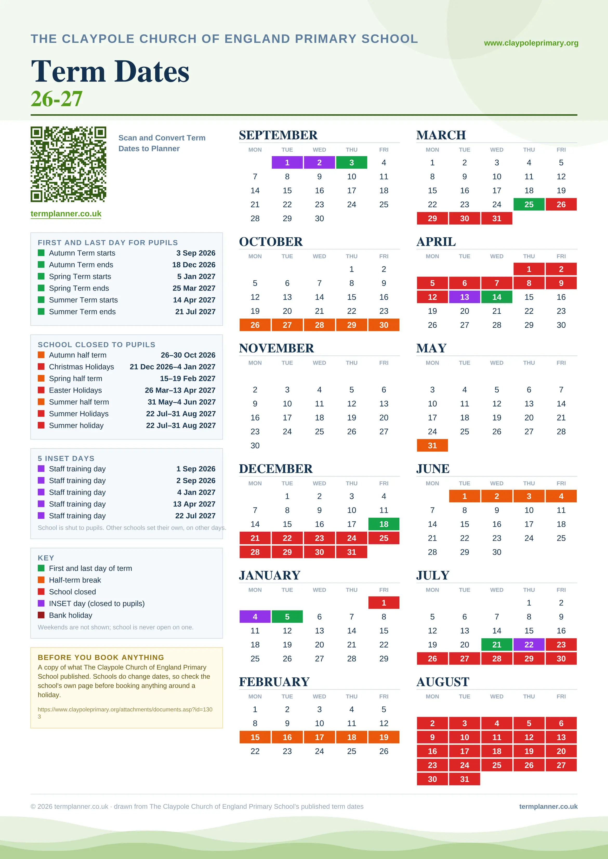 The Claypole Church of England Primary School’s 2026/27 school year drawn as one sheet: twelve month grids from September to August, Monday to Friday, with autumn term 3 September to 18 December 2026, spring term 5 January to 25 March 2027, summer term 14 April to 21 July 2027. Half terms, holidays and bank holidays are filled in colour, the first and last day of each term is marked, 5 INSET days are picked out, and every date is listed again in words down the left.