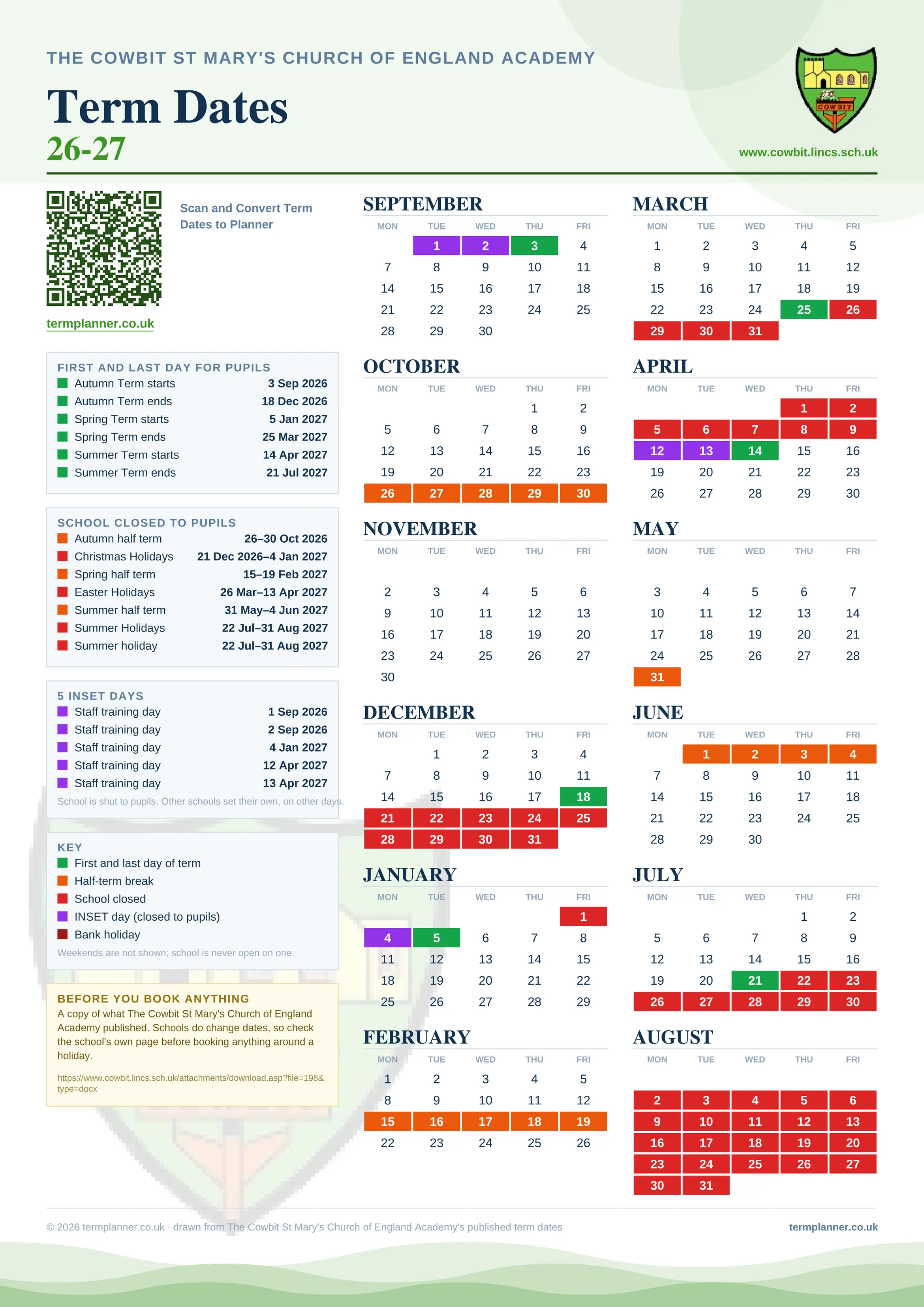 The Cowbit St Mary's Church of England Academy’s 2026/27 school year drawn as one sheet: twelve month grids from September to August, Monday to Friday, with autumn term 3 September to 18 December 2026, spring term 5 January to 25 March 2027, summer term 14 April to 21 July 2027. Half terms, holidays and bank holidays are filled in colour, the first and last day of each term is marked, 5 INSET days are picked out, and every date is listed again in words down the left.