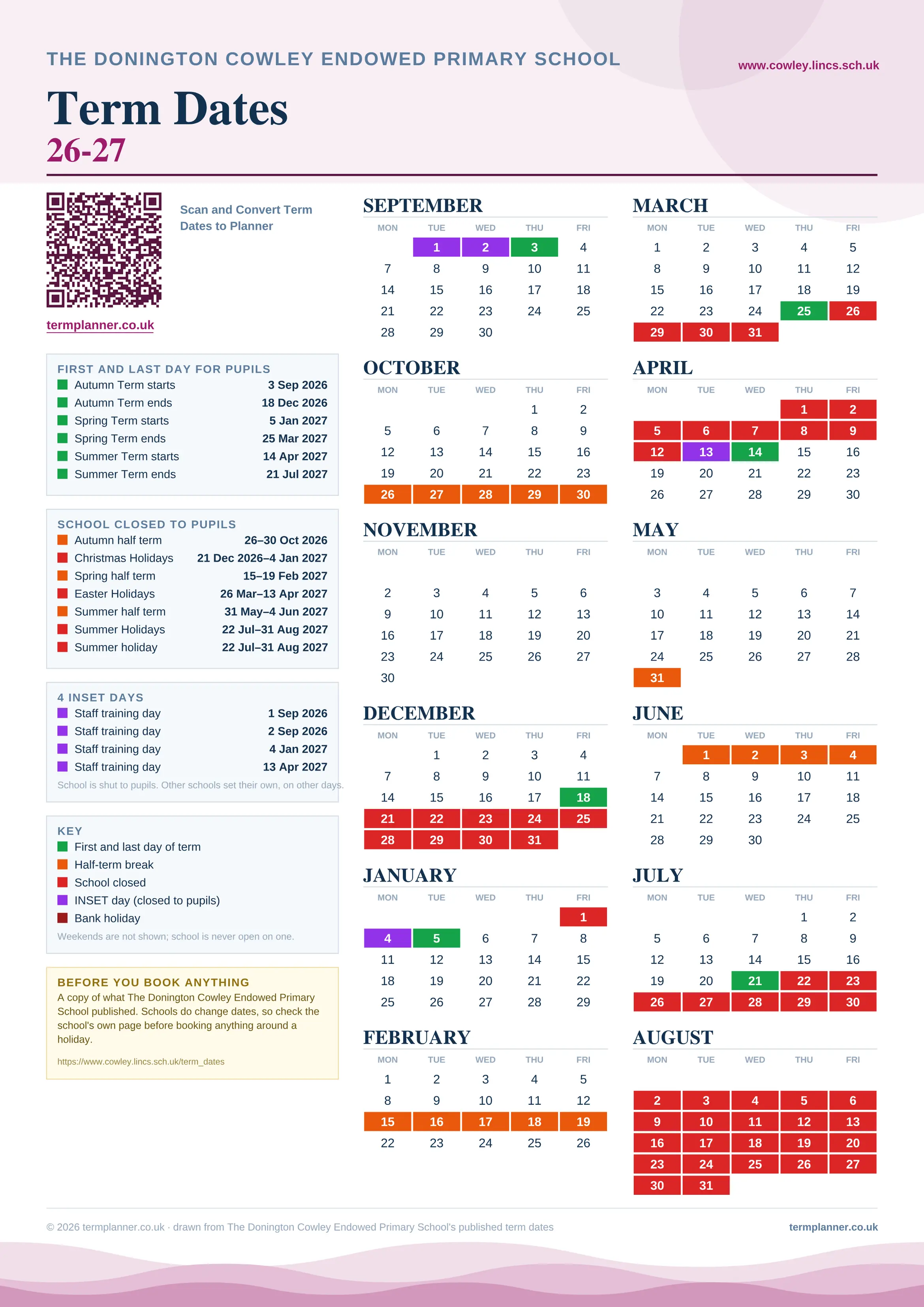 The Donington Cowley Endowed Primary School’s 2026/27 school year drawn as one sheet: twelve month grids from September to August, Monday to Friday, with autumn term 3 September to 18 December 2026, spring term 5 January to 25 March 2027, summer term 14 April to 21 July 2027. Half terms, holidays and bank holidays are filled in colour, the first and last day of each term is marked, 4 INSET days are picked out, and every date is listed again in words down the left.