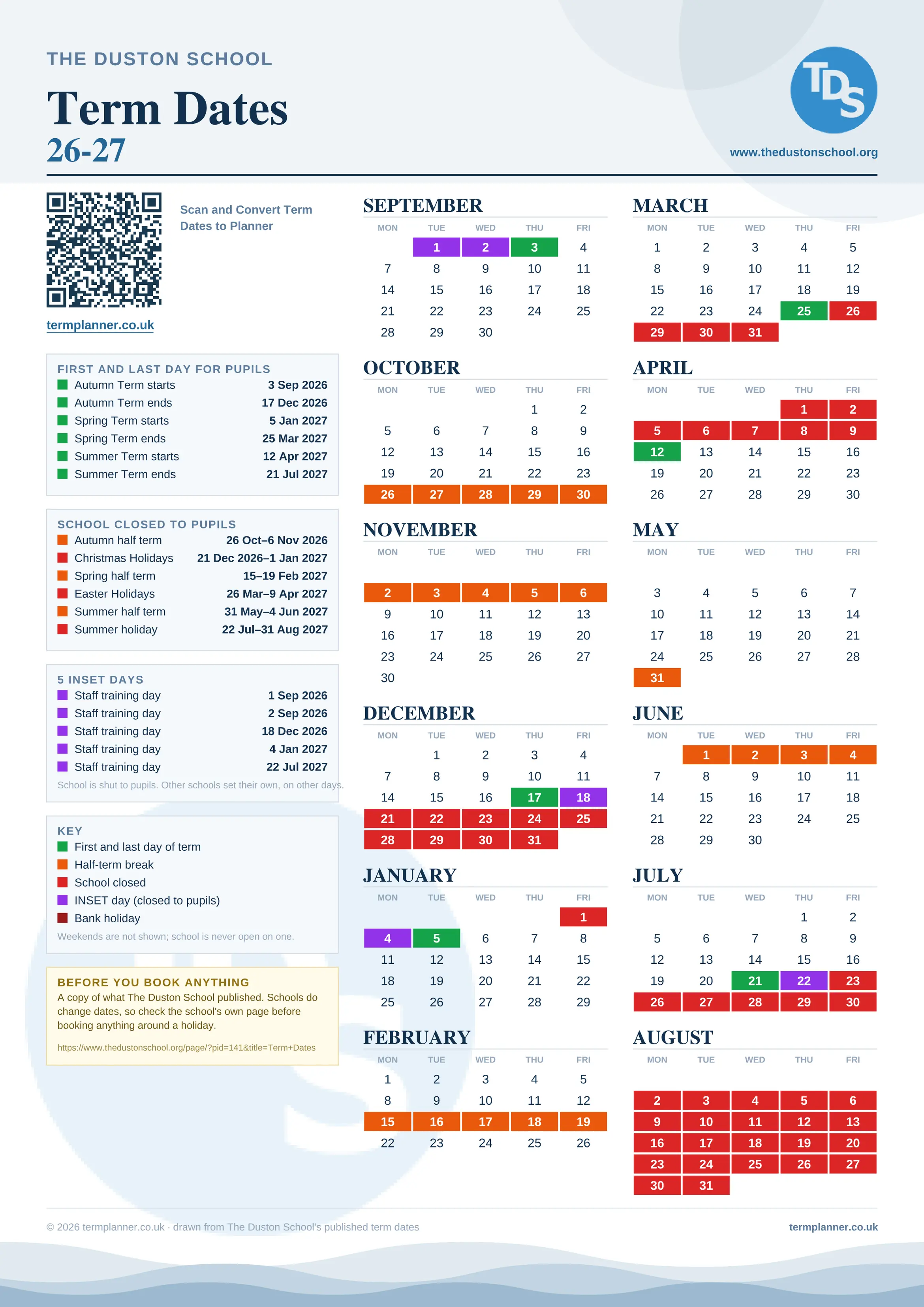 The Duston School’s 2026/27 school year drawn as one sheet: twelve month grids from September to August, Monday to Friday, with autumn term 3 September to 17 December 2026, spring term 5 January to 25 March 2027, summer term 12 April to 21 July 2027. Half terms, holidays and bank holidays are filled in colour, the first and last day of each term is marked, 5 INSET days are picked out, and every date is listed again in words down the left.