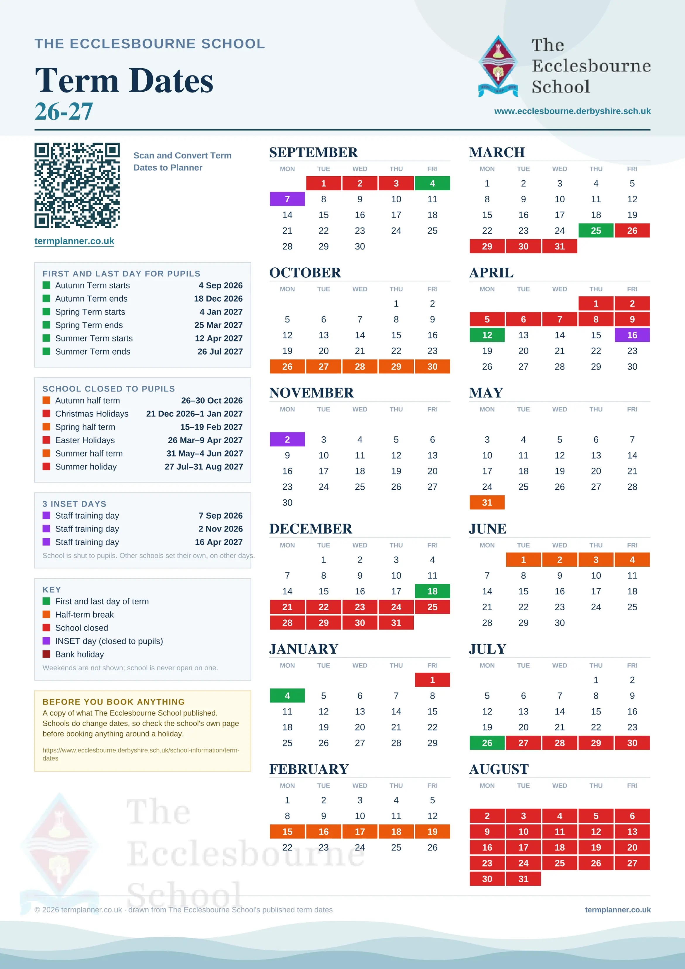 The Ecclesbourne School’s 2026/27 school year drawn as one sheet: twelve month grids from September to August, Monday to Friday, with autumn term 4 September to 18 December 2026, spring term 4 January to 25 March 2027, summer term 12 April to 26 July 2027. Half terms, holidays and bank holidays are filled in colour, the first and last day of each term is marked, 3 INSET days are picked out, and every date is listed again in words down the left.