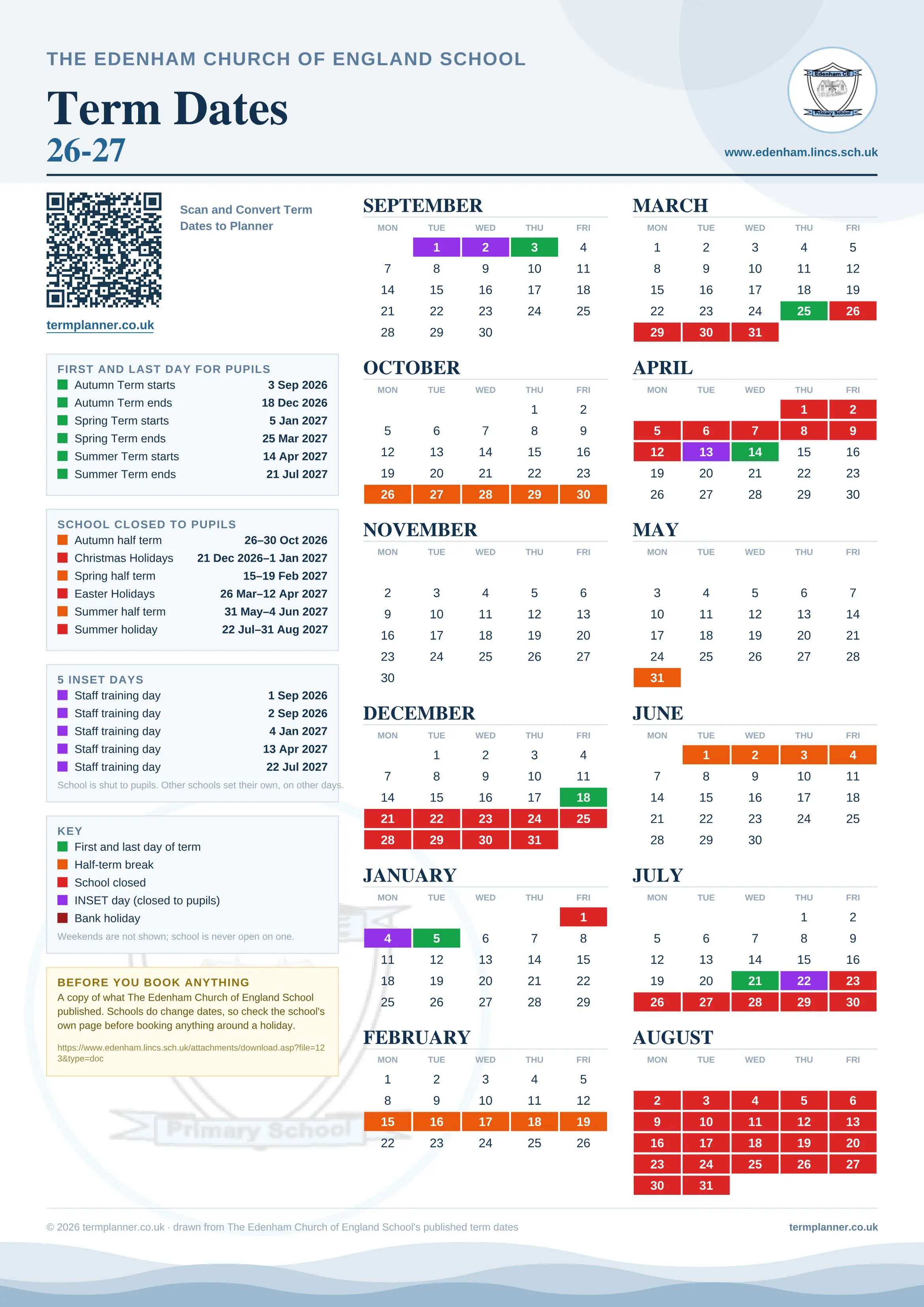The Edenham Church of England School’s 2026/27 school year drawn as one sheet: twelve month grids from September to August, Monday to Friday, with autumn term 3 September to 18 December 2026, spring term 5 January to 25 March 2027, summer term 14 April to 21 July 2027. Half terms, holidays and bank holidays are filled in colour, the first and last day of each term is marked, 5 INSET days are picked out, and every date is listed again in words down the left.