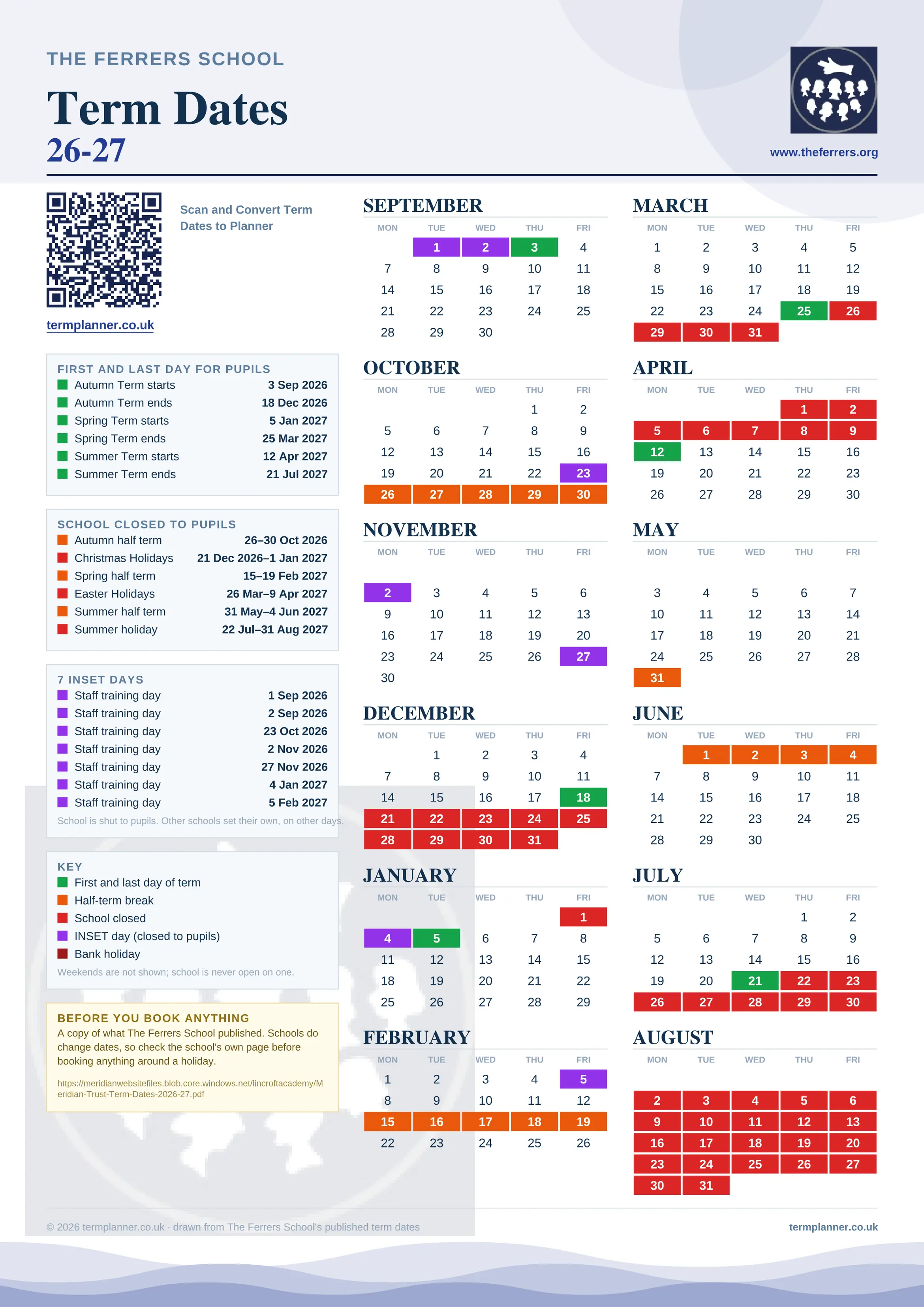 The Ferrers School’s 2026/27 school year drawn as one sheet: twelve month grids from September to August, Monday to Friday, with autumn term 3 September to 18 December 2026, spring term 5 January to 25 March 2027, summer term 12 April to 21 July 2027. Half terms, holidays and bank holidays are filled in colour, the first and last day of each term is marked, 7 INSET days are picked out, and every date is listed again in words down the left.