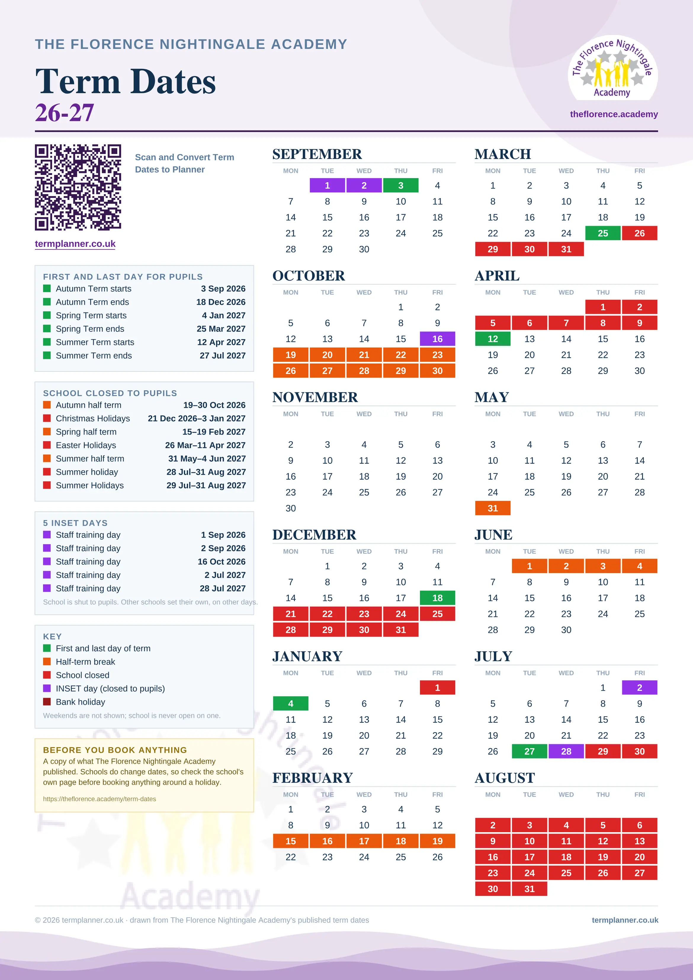 The Florence Nightingale Academy’s 2026/27 school year drawn as one sheet: twelve month grids from September to August, Monday to Friday, with autumn term 3 September to 18 December 2026, spring term 4 January to 25 March 2027, summer term 12 April to 27 July 2027. Half terms, holidays and bank holidays are filled in colour, the first and last day of each term is marked, 5 INSET days are picked out, and every date is listed again in words down the left.